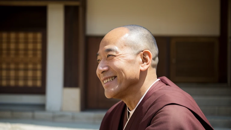 A monk in his 50s male skin head real photographic style A kind smile profile