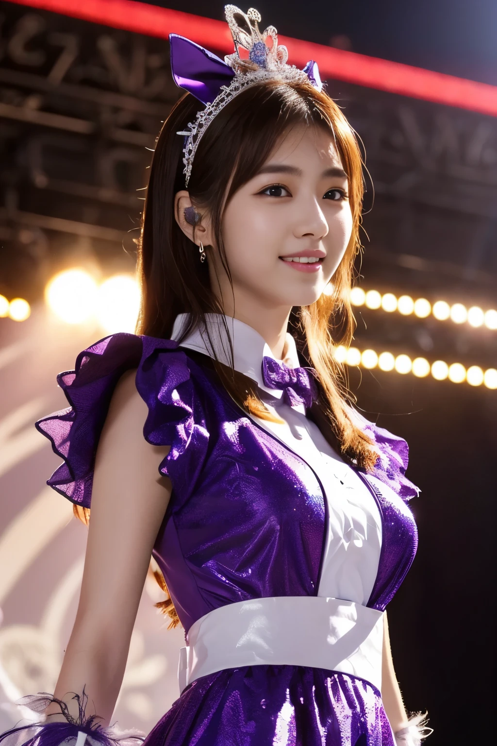 
1 girl, (Wearing a bright purple idol costume:1.2), Photo collection of very beautiful Japanese idols, 
(Raw photo, highest quality), (realistic, Photoreal:1.4), (masterpiece), 
very delicate and beautiful, very detailed, 2k wallpaper, wonderful, finely, very detailed CG Unity 8K 壁紙, Super detailed, High resolution, soft light, 
beautiful detailed girl, very detailed目と顔, beautifully detailed nose, finelyて美しい目, cinematic lighting, 
(idol concert:1.4), (The background is a stage:1.3), 
complete anatomy, slender body, small, smile