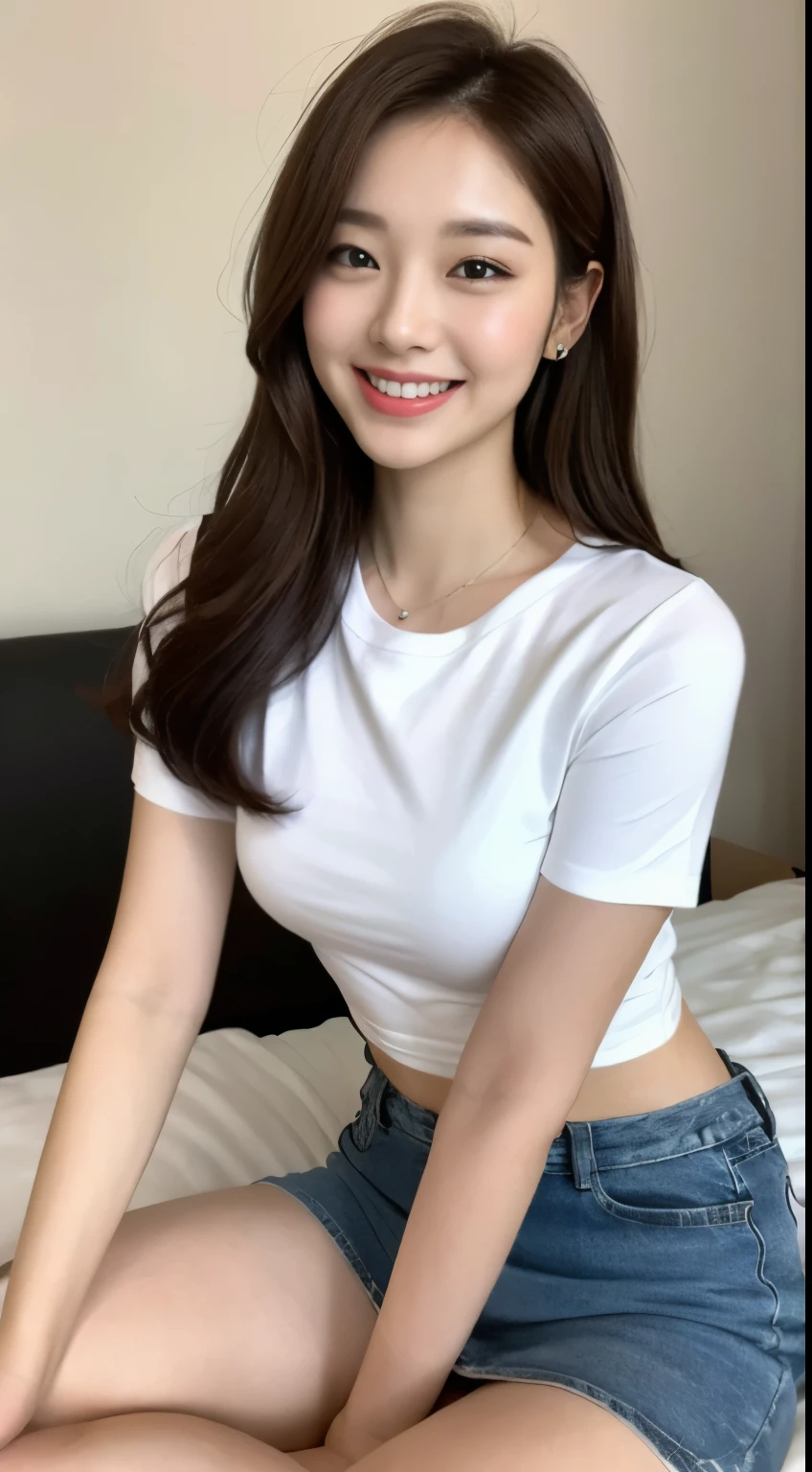 white tight shirt、white tight mini skirt、bed、smile、short sleeve、high resolution、Korean idol face