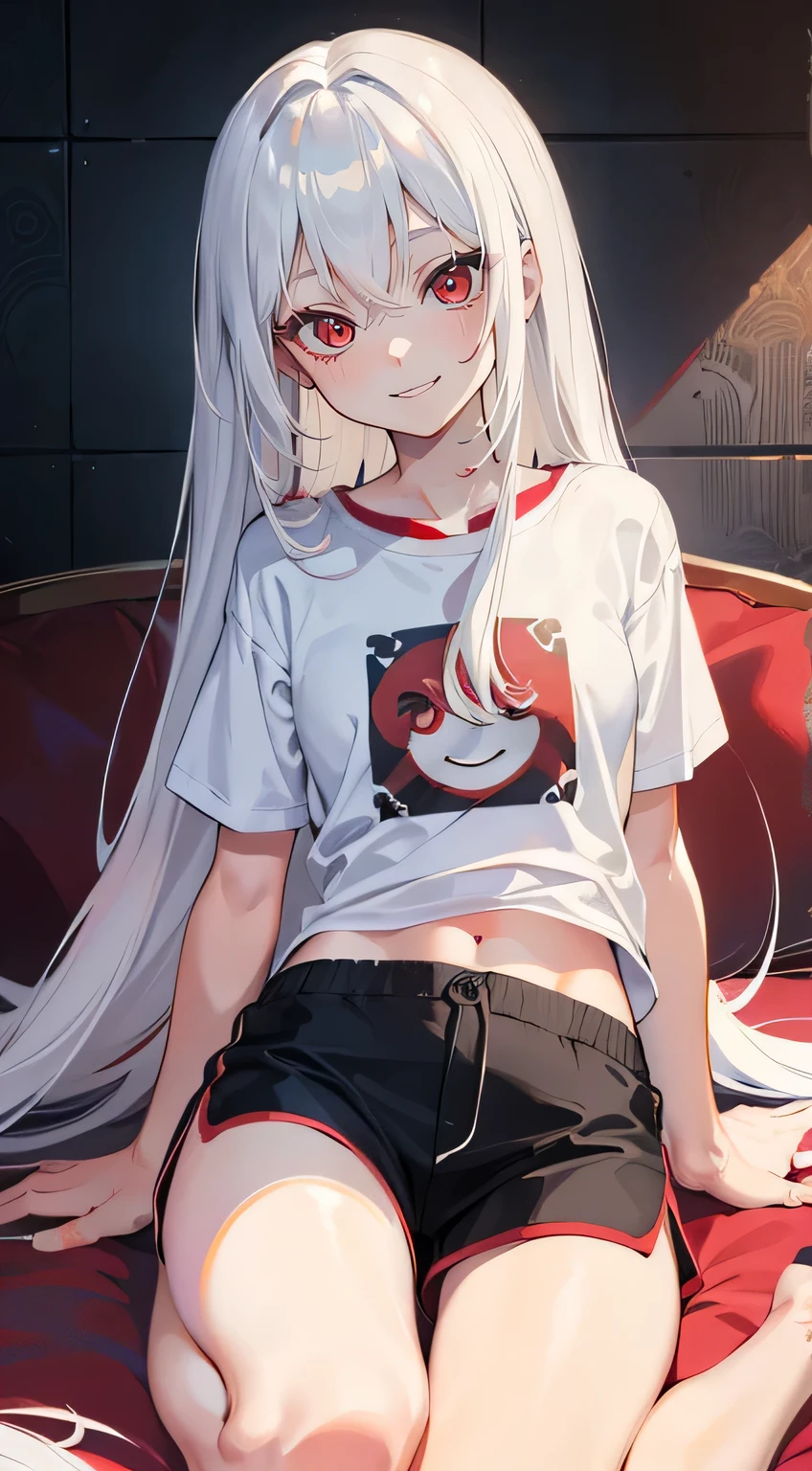 ((Masterpiece)), ((High detail)), 1girl,  ((Very detailed)),((Delicate face)),  Beautiful detailed eyes, doff Red eyes, Gradient hair,Hair between the eyes,White hair, long hair,Red eyes,com.genshin_influence,pool wallpaper, Acquaintance, Smiley face,((happy face)),((Hello)), Character design, Full body, deep Red eyes,((ridiculous)), 4 position, Shorts, Home t-shirt,((Flat chest)),