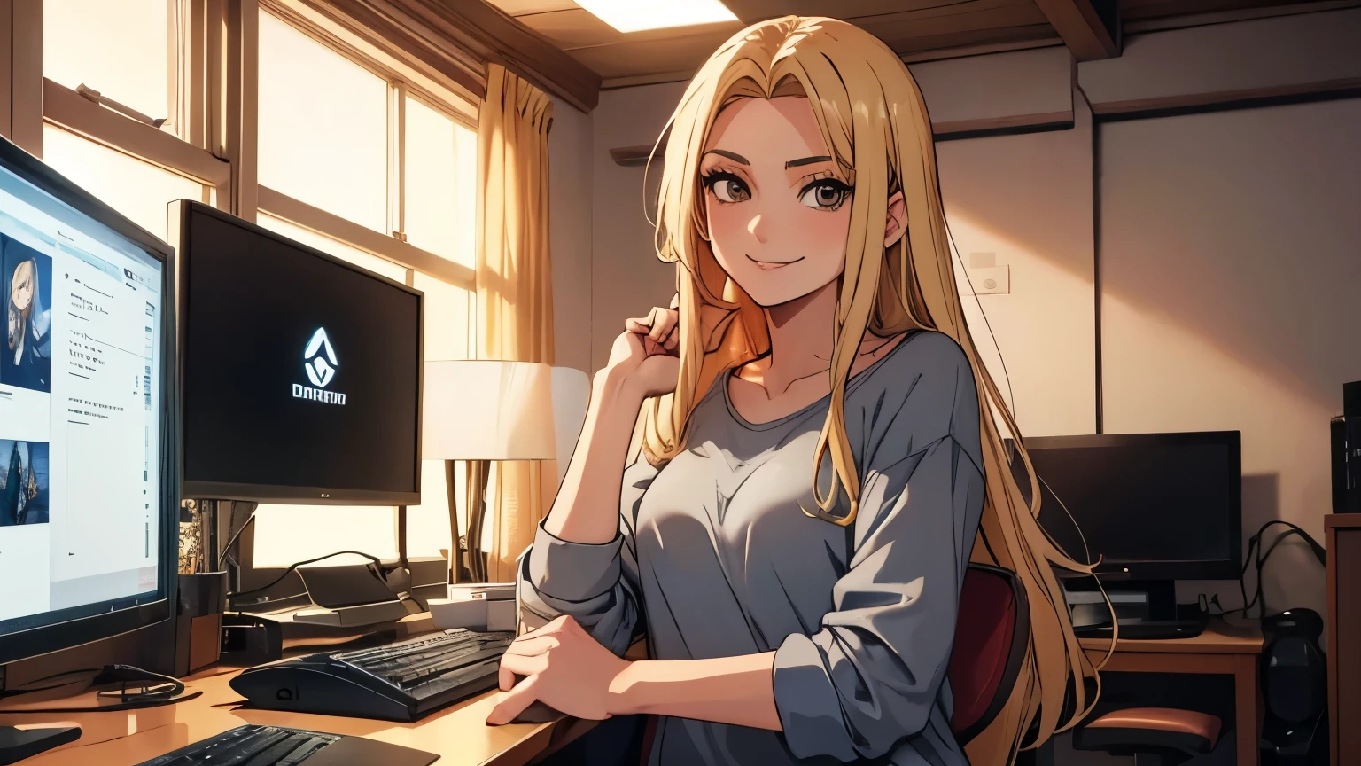 2d 90s anime, a woman with long straight blonde hair and dark brown eyes, she is smiling, wears casual clothes and is next to her gaming computer in a room with LED lighting