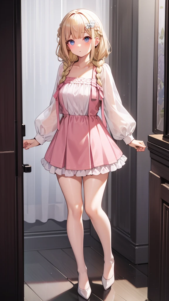 actual, girl in a pink skirt standing in front of a flower garden, Ladies, In-game graphics, Feminine girly dress, frilly clothing, full body pictures, wearing a pink skirt, multi-layer clothing, full body female, pink skirt, fantasy costumes, pastel pink skin tone, wearing clothes, pink skin, pink clothes, braids hair, blonde hair, blue eyes, glowing eyes