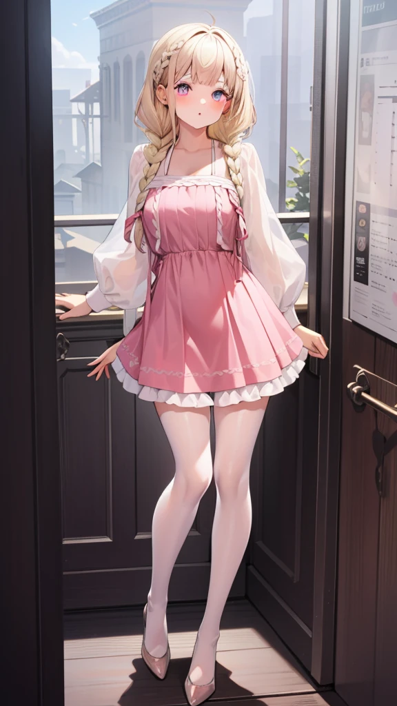 actual, girl in a pink skirt standing in front of a flower garden, Ladies, In-game graphics, Feminine girly dress, frilly clothing, full body pictures, wearing a pink skirt, multi-layer clothing, full body female, pink skirt, fantasy costumes, pastel pink skin tone,  wearing clothes, pink skin, pink clothes, braids hair, blonde hair, blue eyes, glowing eyes