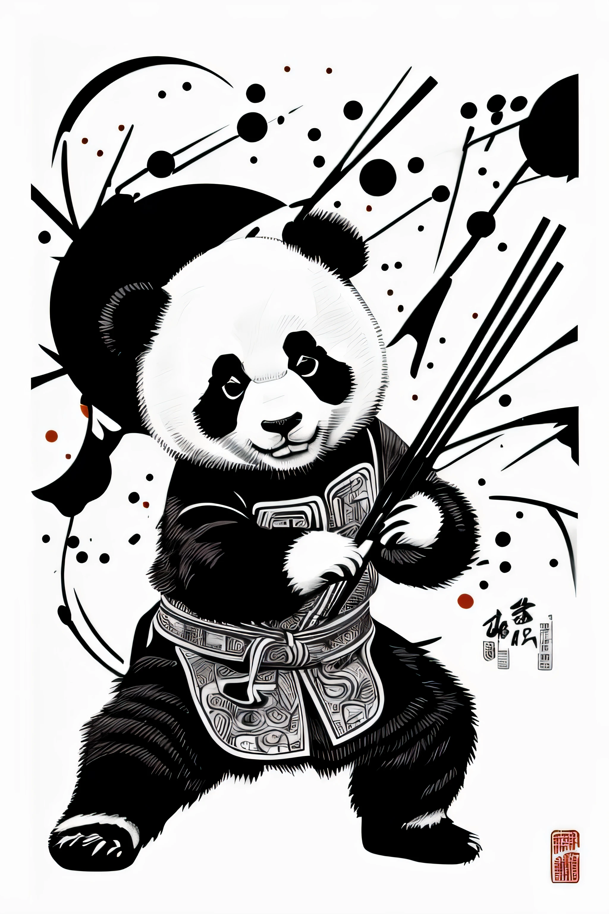 zydink, monochrome, ink sketch, 1panda holding chopsticks eating Chinese food), around of chinese food, (Sprayed black ink as the background.), fighting stance, looking at viewer, , hanfu, chinese female clothes, (abstract ink splash:1.2), white background, no human hands or feet.