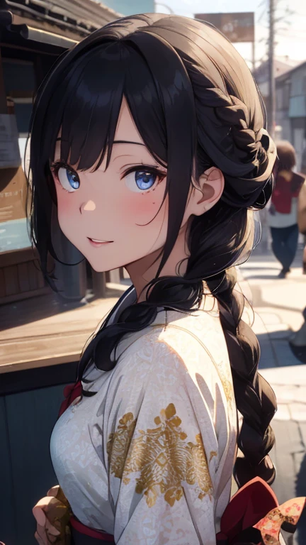 Beautiful Asian woman with a flirting smile, A super ronin wearing a golden lace kimono, Meiji Restoration, blue eyes, Focus on the audience, state&#39;s, split, Put down your shoulders, HD, UHD, Wallop, artistic sprout, braid hairstyle, anime big eyes, realistic eyes, Very detailed目, natural skin, natural skin texture, Scattered under the surface, calm colors, skin pores, perfect face, perfect eyes, perfect lips, Soft female form, outstanding, cinematic, Cinema lights, Very detailed, surreal, masterpiece, in the atmosphere, High resolution, Lively, high contrast, Vignetting, 8K, HDR, 500 pixels, Look from above, bust