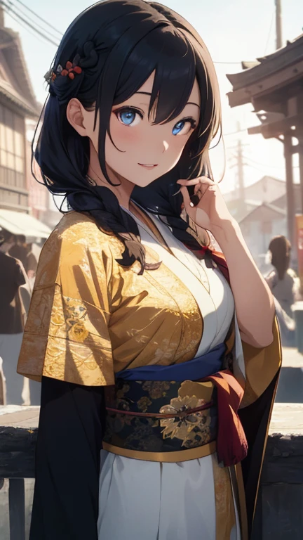 Beautiful Asian woman with a flirting smile, A super ronin wearing a golden lace kimono, Meiji Restoration, blue eyes, Focus on the audience, state's, split, Put down your shoulders, HD, UHD, Wallop, artistic sprout, braid hairstyle, anime big eyes, realistic eyes, Very detailed目, natural skin, natural skin texture, Scattered under the surface, calm colors, skin pores, perfect face, perfect eyes, perfect lips, Soft female form, outstanding, cinematic, Cinema lights, Very detailed, surreal, masterpiece, in the atmosphere, High resolution, Lively, high contrast, Vignetting, 8K, HDR, 500 pixels, Look from above, bust