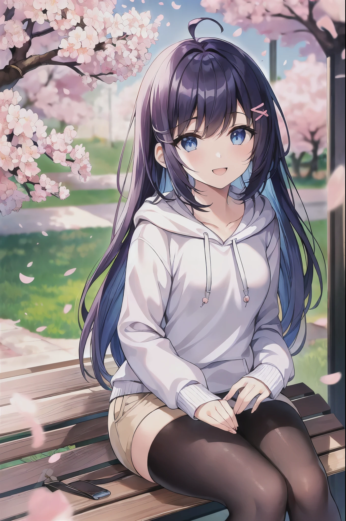 (masterpiece:1.5) (high quality:1.5), (beautiful:1.5), (((8K))), (High resolution:1.5), (High resolution:1.5), (1 girl:1.3), (child:1.5), (change:1.4), (Dark blue straight long hair:1.3), (very long dark blue sideburns), (dark blue bangs with very large parting:1.3), (Simple hair clip:1.4), (Ahoge:1.4), (small blue eyes:1.2), (slightly droopy eyes:1.3), (Super thick sideburns and super long sideburns:1.1), (Ultra-flat chest:1.4), (extremely small breasts:1.4), (laughter:1.3), (beige shorts:1.4), (wear a white hoodie:1.4), (under the cherry tree:1.4), (cherry blossom petals dancing in the wind:1.6), (sit on a park bench:1.4), (anime screencap:1.5)