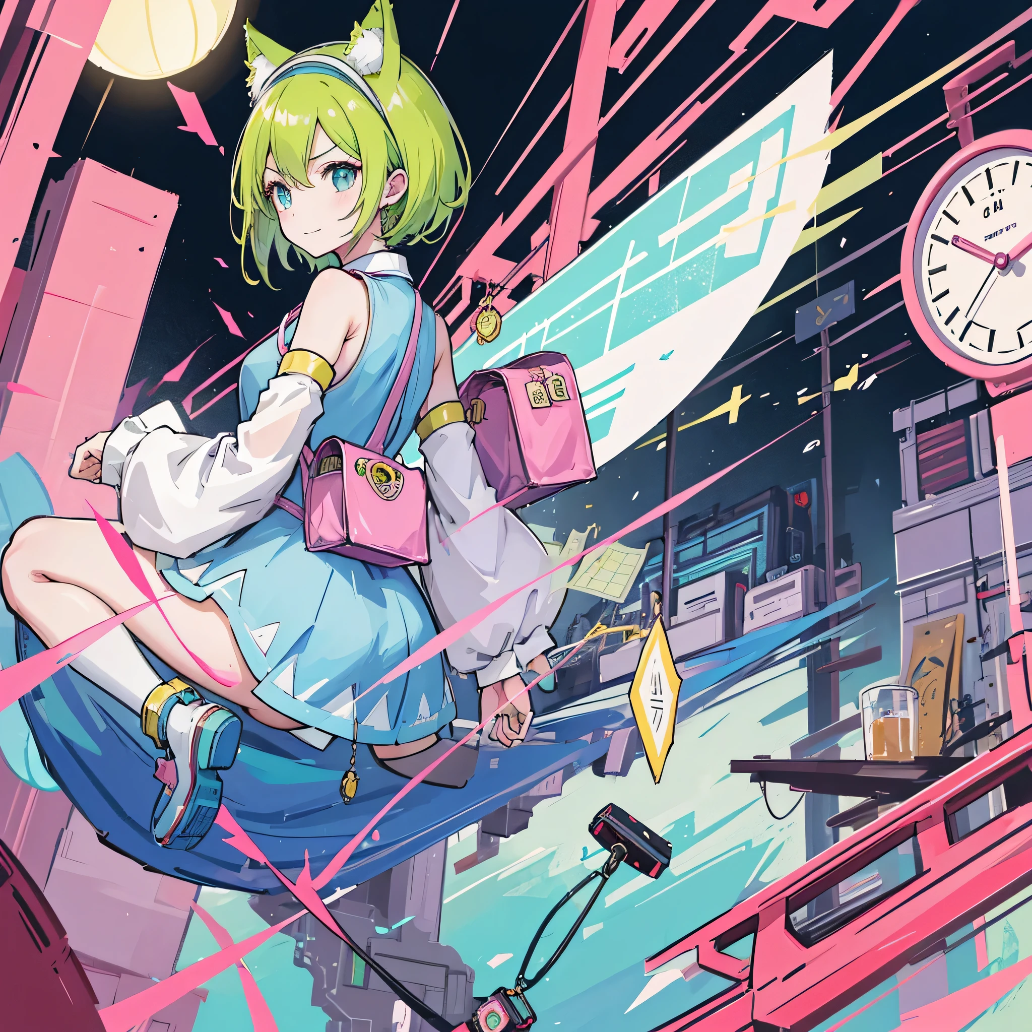 1girl, (clock,Melted Clock),Deltamon,(girl sitting),Light green short bob hair、Light green cat ears headband、Exposing shoulder skin、((Mechanical legs))、light blue tail、(pink school bag)、light blue dress、White armsleeves、light blue high socks、pink shoes、Triangular metal emblem on chest、Large pocket in the center of the abdomen,break, (cyberpunk),((4k,masterpiece,highest quality)), Shuimobisim, traditional chinese ink painting, lotus,  maxi kit, alone, smile, Are standing,break,dragon, madeon,(concentration line, speed lines:1.3)、our seeds,anime, fantasy, artwork, Dali paintings, Dali paintings, Memory persistence, by ヤン・J, By Ryan Yee, by Li Zai,(upper body:1.3)