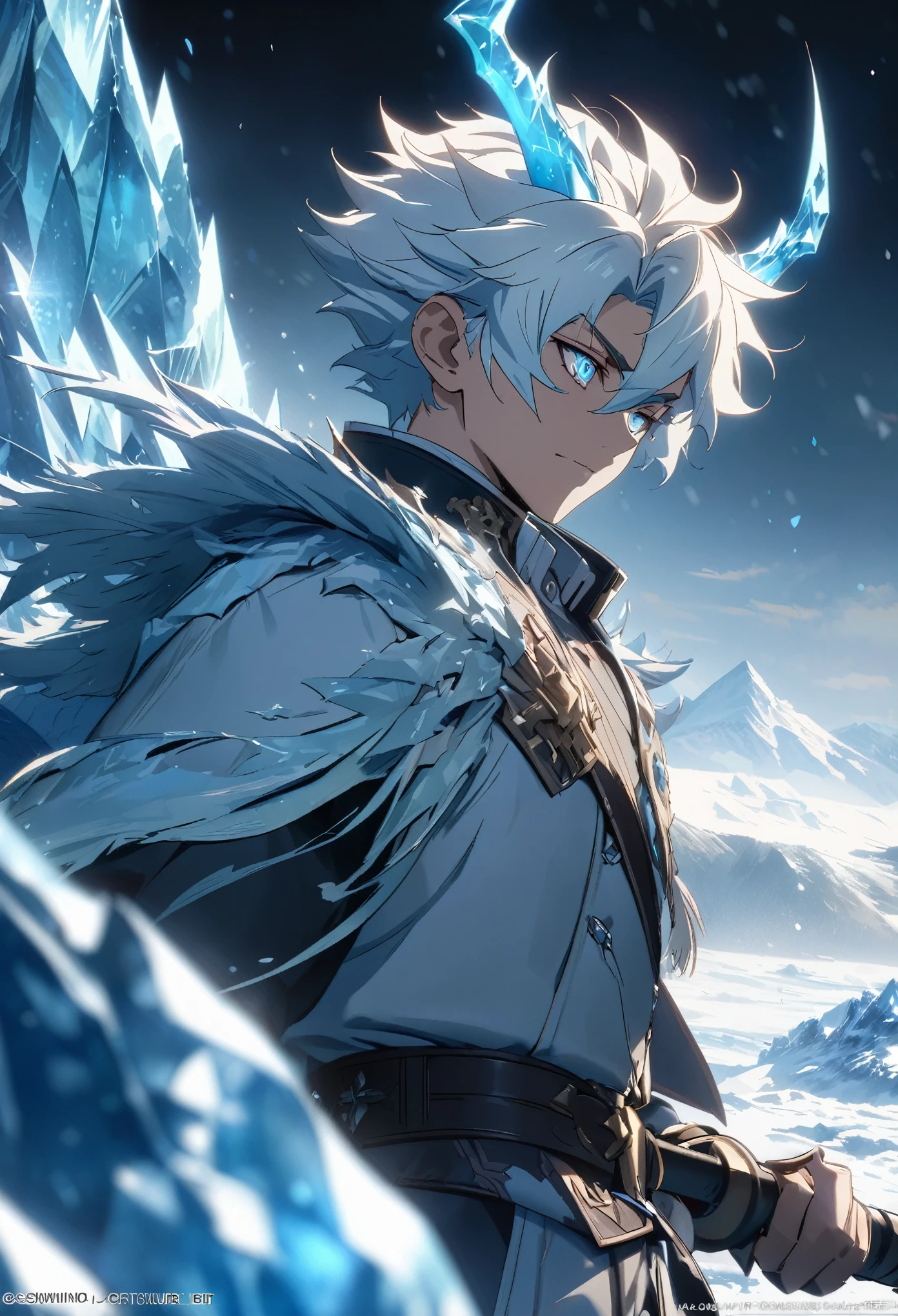 ((solo)), (man), light blue eyes, white hair hair, short hair, blue colored inner hair, messy hair, blue dragon horns, slitted pupils, thick white dragon tail, dragon boy, a close up of a person with a scepter in a desolate land surrounded by ice mountains, a frozen field, detailed key anime art,casimir art, masamune shiro, masamune, handsome guy in demon slayer art, heise jinyao, shadowverse style, (no logos), ice powers, mountain scenery, detailed academic uniform, eye reflection, depth of field, cinematic lighting, ray tracing, depth of field, cinematic lighting, ray tracing, UHD, high details, best quality, highres, high quality, award winning, super detail, masterpiece, 8k, UHD, high details, best quality, highres, high quality, award winning, super detail, masterpiece, 8k, anime style