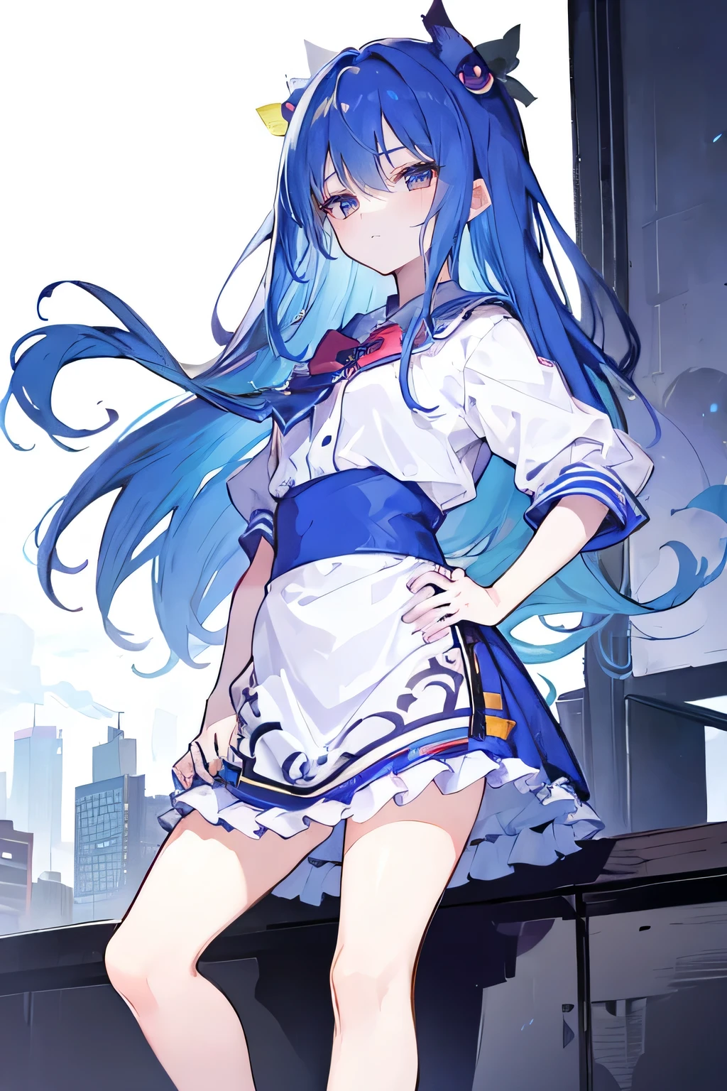 (masterpiece),best quality, expressive eyes, perfect face, 1girl,
 Put your hands on your waist,fair, Gorgeous,Japanese cartoons,girl,lola,Hina Angel, blue hair, blue haired, floating clothes,Grab your waist, Grab your waist, hands on hips , hands on hips,sit, sit on ground, Legs on the ground, flat chest,cat ear,