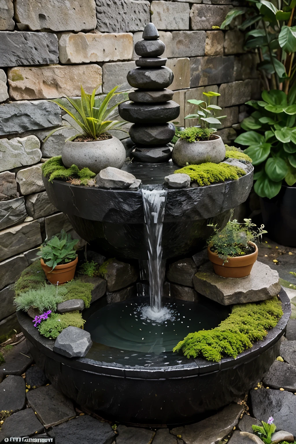 It has a large round gray or black flowerpot., Layers of volcanic stones are stacked on top of it., At the top, water falls like a waterfall., Draw a concept diagram of planting moss and plants.