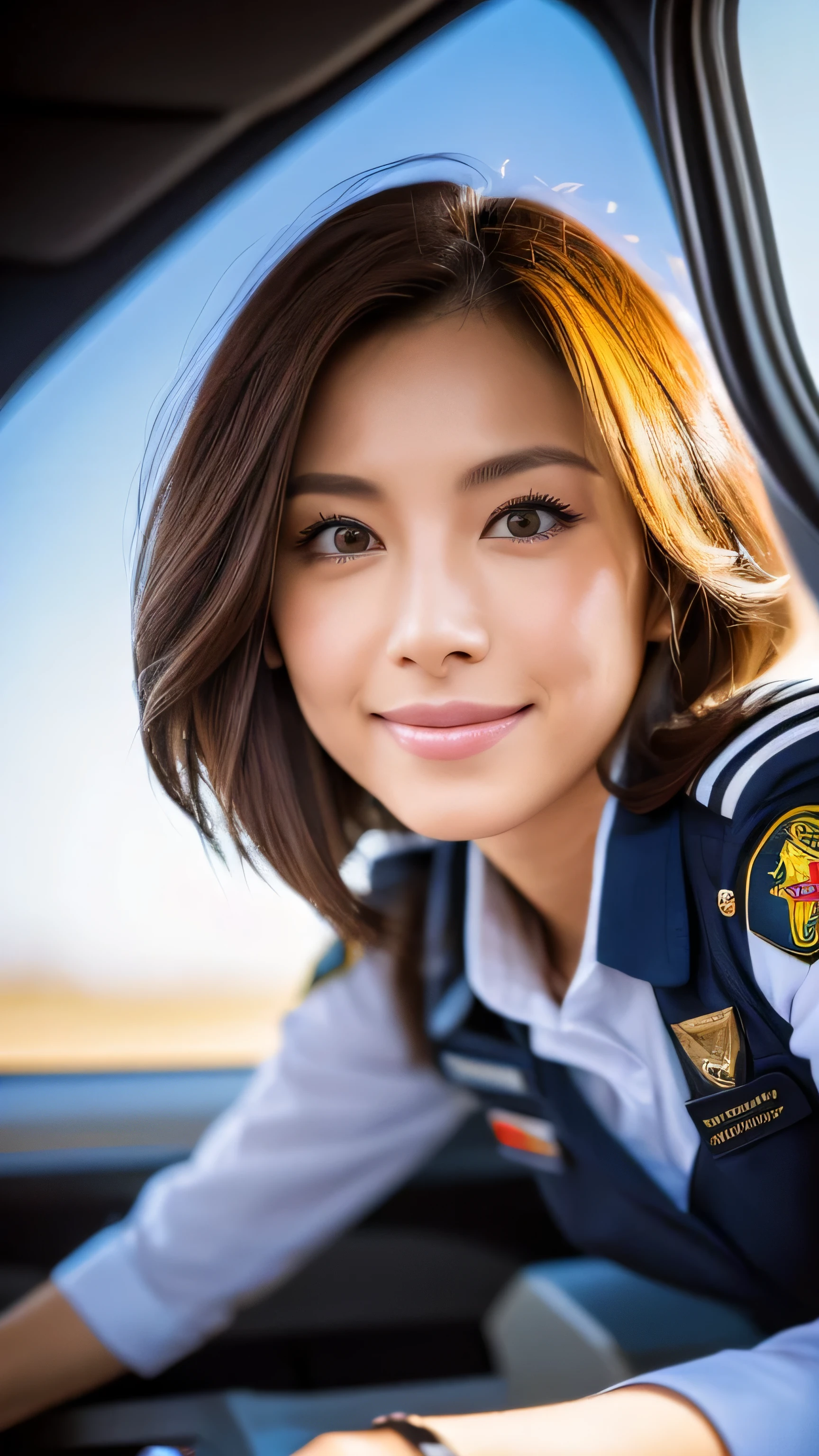 Movie-like dynamic photos,(Ultra realistic, High resolution), (highly detailed eyes, highly detailed hair, highly detailed face, Highly detailed plump lips,perfect anatomy),(highest quality:1.4), Raw photo, (realistic, photo-realistic:1.37), professional photography, cinematic light, (detailed face: 1.2),look at the audience, brunette woman,slim(,Beautiful leg lines )(famous japanese actress:1.2),highly detailed skin, very fine fingers, highly detailed nose, highly detailed mouth,highly detailed background,Raw photo,Smile,plane、cockpit、Maneuver、pilot、uniform、maneuver