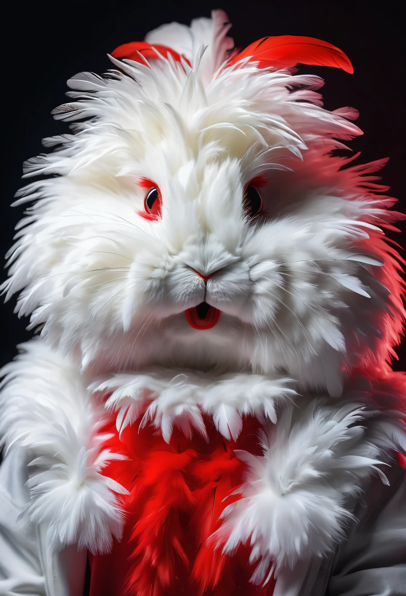 Wear the rabbit, furry, white fur, Extraordinarily cute faces, Red elements on feathers, fluorescent t-shirt, beautiful light and shadow, Ambient light, Extra detailed fur, Volumetric light