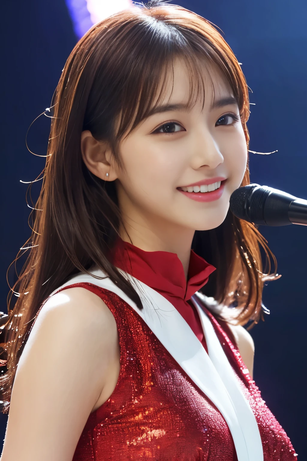 
1 girl, (Wearing a bright red idol costume:1.2), Photo collection of very beautiful Nogizaka idols, 
(Raw photo, highest quality), (realistic, Photoreal:1.4), (masterpiece), 
very delicate and beautiful, very detailed, 2k wallpaper, wonderful, finely, very detailed CG Unity 8K 壁紙, Super detailed, High resolution, soft light, 
beautiful detailed girl, very detailed目と顔, beautifully detailed nose, finelyて美しい目, cinematic lighting, 
(idol concert:1.4), (The background is a stage:1.3), 
complete anatomy, slender body, small, smile