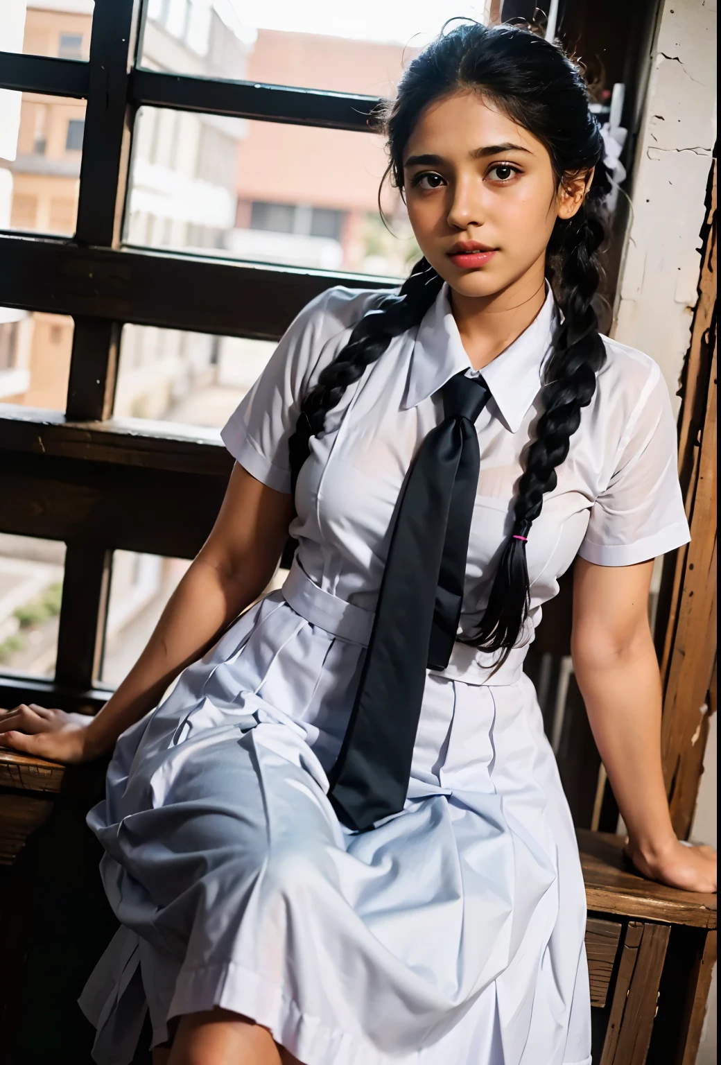 Raw photo , 1 girl  ,Wearing white frock and color tie, white shoes teen school girl, with plait , professional photographer, (hdr:1.4), masterpiece, ultra-realistic 8k, perfect artwork, intrincate details, cute face, award winning photograph, (Best quality, 8k, 32k, Masterpiece, UHD:1.3) ,