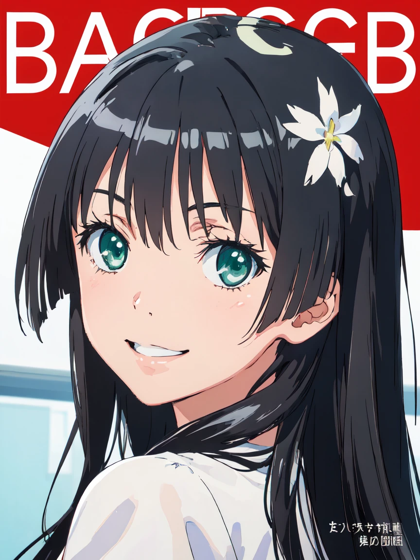 bbc cover, (High resolution:1.4), (masutepiece:1.2), (High quality:1.3) 1girl, saten ruiko, green eyes, long hair, black hair, small breast, huge smile