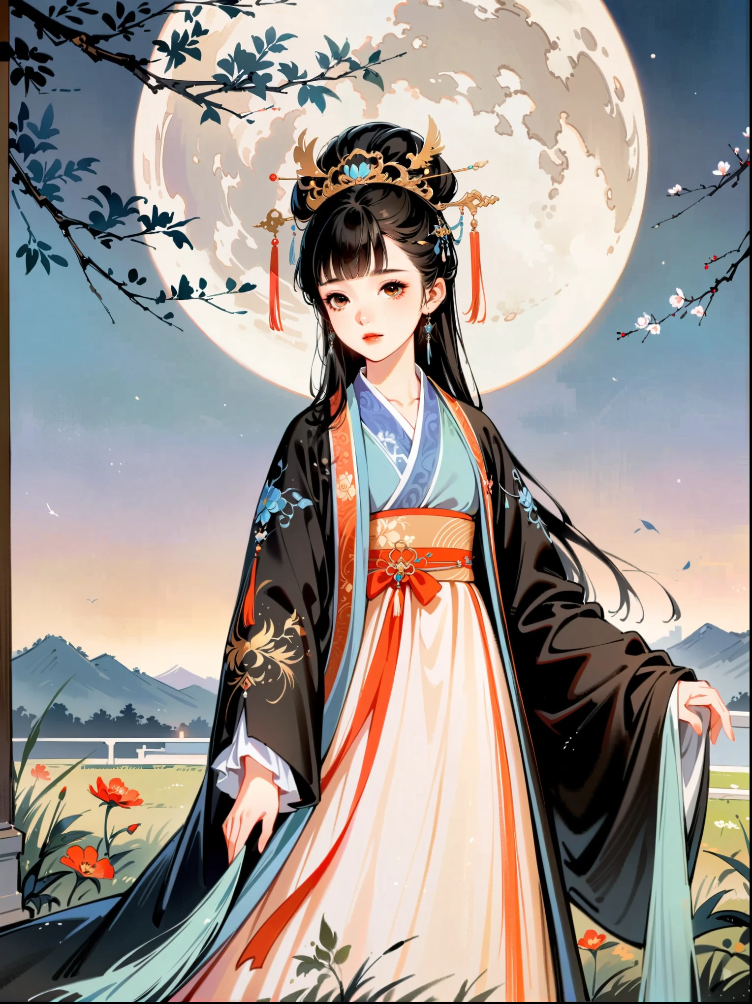 (cowboy shot:1.8)，1girl，night，huge full moon，outdoor，Hanfu，patio，branches，flowers，grassland，（black and white ink painting：1.8），best quality，masterpiece，8k，ultra high resolution，（Realism：1.4），Highly detailed，intricate details，Exquisite and beautiful，good lighting，professional lighting，sharp focus，Detailed shadows，Exquisite details and textures，depth of field，unified 8k wallpaper