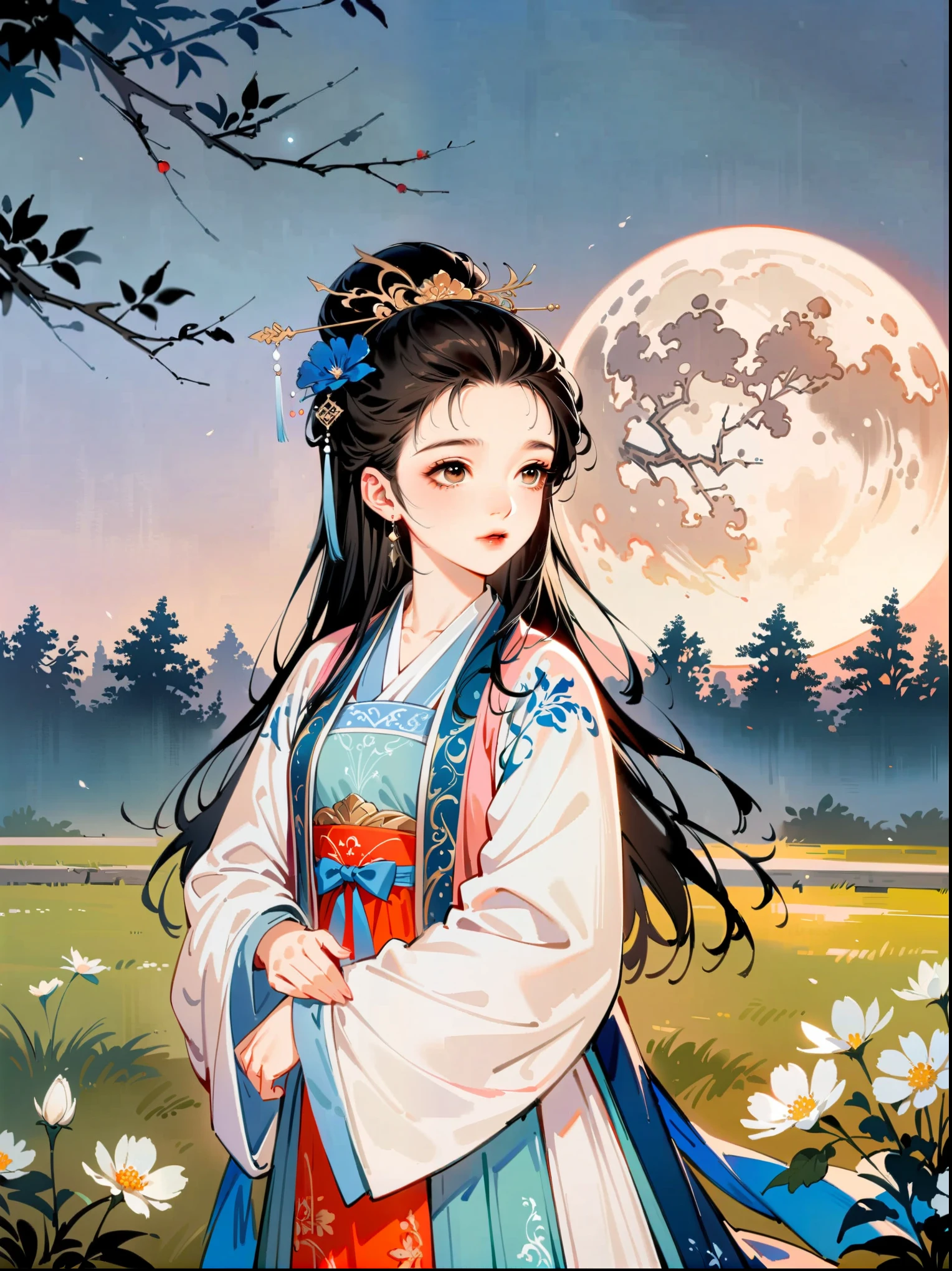 (cowboy shot:1.8)，1girl，night，huge full moon，outdoor，Hanfu，patio，branches，flowers，grassland，（black and white ink painting：1.8），best quality，masterpiece，8k，ultra high resolution，（Realism：1.4），Highly detailed，intricate details，Exquisite and beautiful，good lighting，professional lighting，sharp focus，Detailed shadows，Exquisite details and textures，depth of field，unified 8k wallpaper