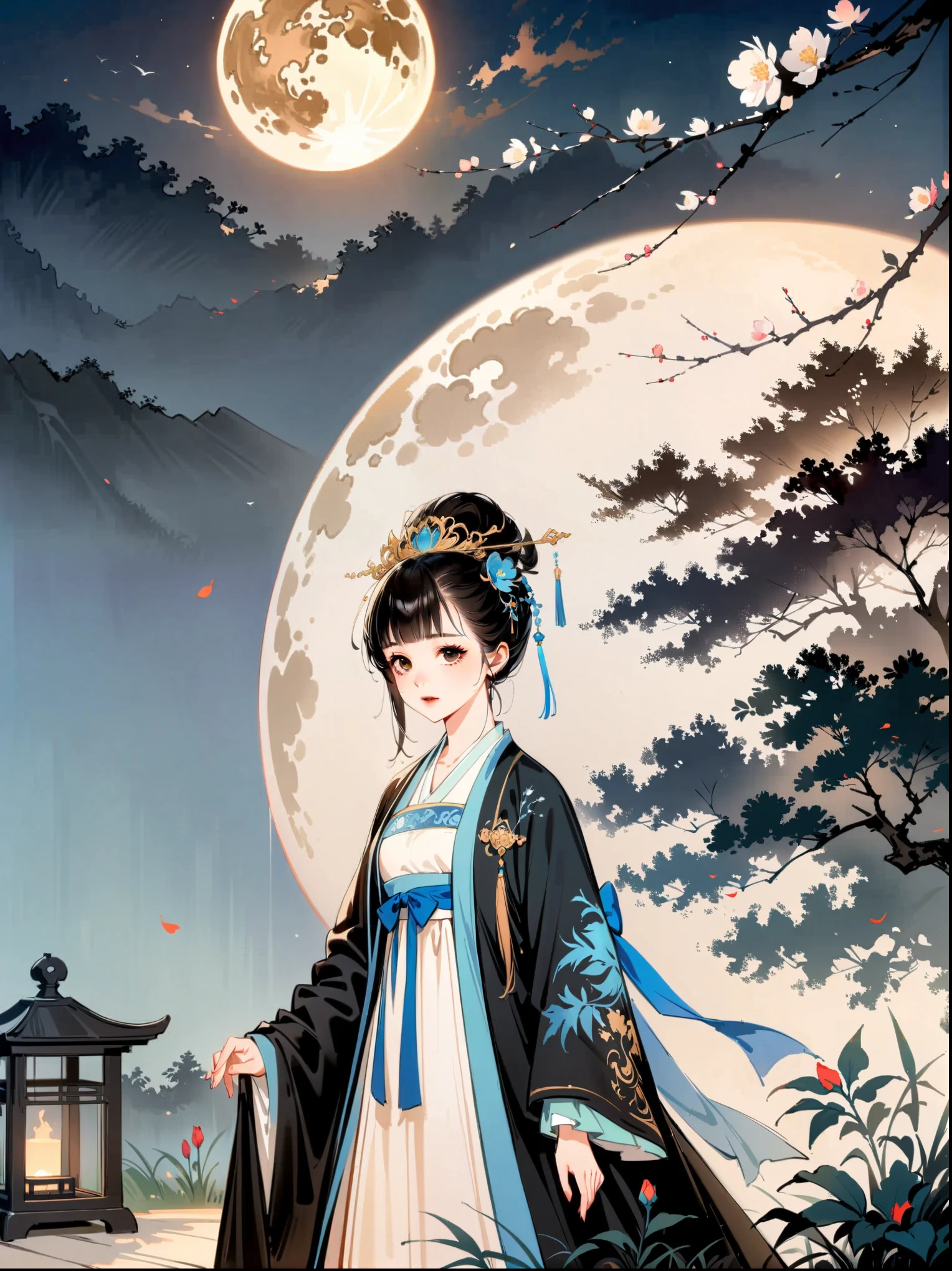 (cowboy shot:1.8),1girl,night,huge full moon,outdoor,Hanfu,patio,branches,flowers,grassland,(black and white ink painting:1.8),best quality,masterpiece,8k,ultra high resolution,(Realism:1.4),Highly detailed,intricate details,Exquisite and beautiful,good lighting,professional lighting,sharp focus,Detailed shadows,Exquisite details and textures,depth of field,unified 8k wallpaper