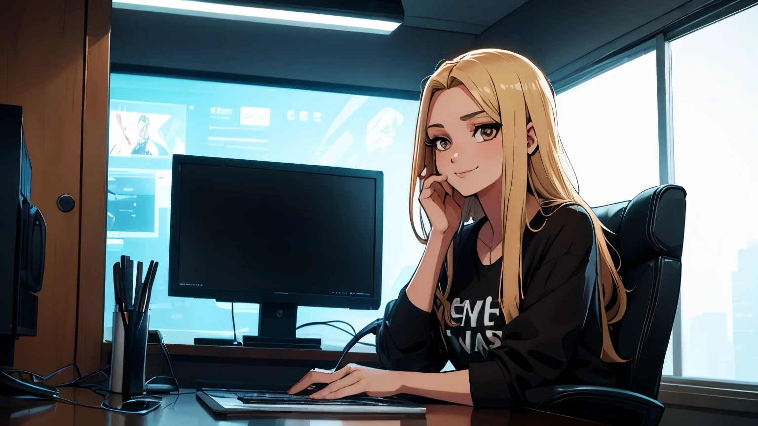 2d 90s anime, a woman with long straight blonde hair and dark brown eyes, she is smiling, wears casual clothes and is next to her gaming computer in a room with LED lighting