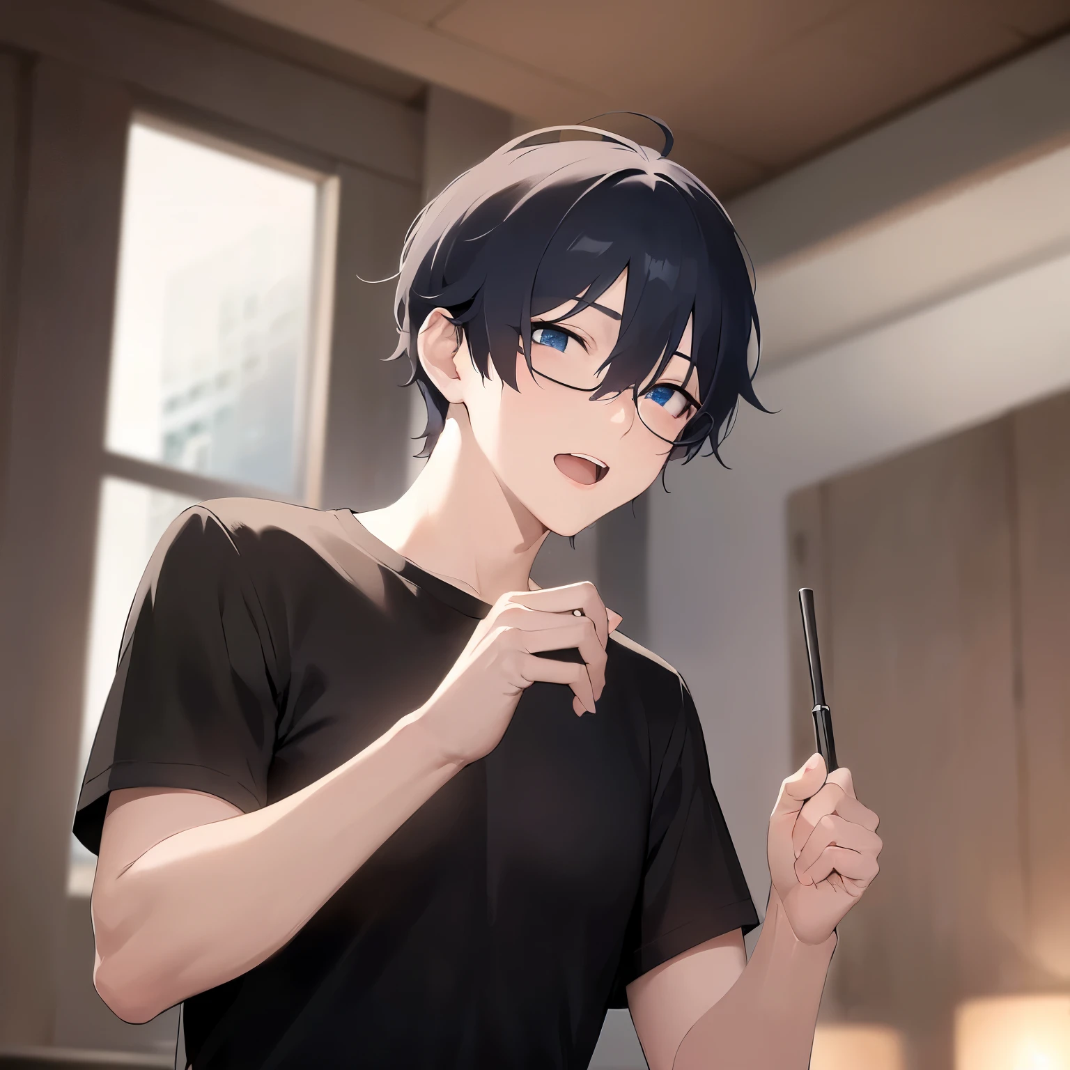 Shooting from below、Biologically correct five fingers、Upper body is shown、 plastic frame eyewear、masterpiece、highest quality、(25 year old male:1.5) and (black short hair) and (hair over eyes:1.5) and (blue eyes), black t-shirt、Are standing、(confused look:1.3)、open mouth, The background is the living room at night、illumination、(Alone:1.5)