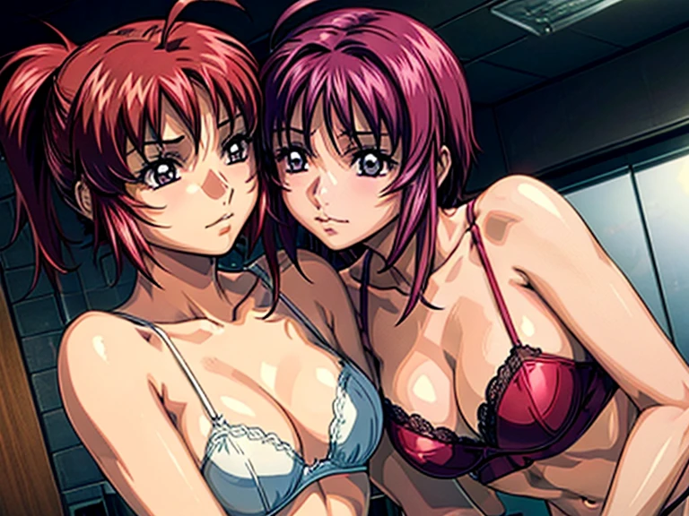 two girls in erotic embrace,Short-haired girl with ahoge, red hair, purple eyes, purple hair, frown, looking at the viewer, smile, indoor, bare arms, bare shoulders, blush, closed mouth, dutch angle, highly detailed face, perfect lighting, very detailed CG, red underwear, pink bra, cowboy shot, absolute reference to center (masterpiece: 1.2), highest quality, high resolution, absolute reference to center, (shyness: 1.4), leaning forward.