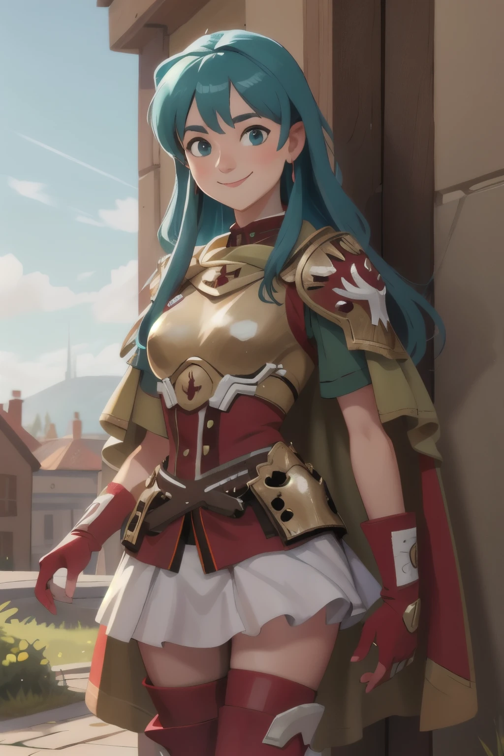 smile,def_eirika,armor,skirt,thighhighs,gloves,breastplate,green cape,zettai ryouiki,jewelry,boots,fingerless gloves,looking at viewer,earrings,white skirt,red footwear,thigh boots,sidelocks,shoulder armor,short sleeves,red gloves,red thighhighs,miniskirt,outdoors,(masterpiece, best quality, ultra-detailed, best shadow),