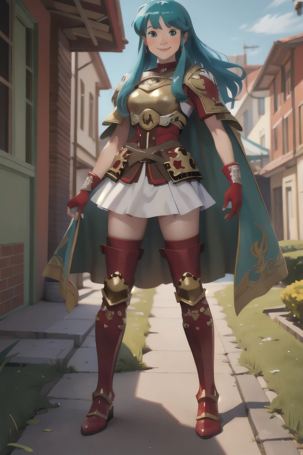 smile,def_eirika,armor,skirt,thighhighs,gloves,breastplate,green cape,zettai ryouiki,jewelry,boots,fingerless gloves,looking at viewer,earrings,white skirt,red footwear,thigh boots,sidelocks,shoulder armor,short sleeves,red gloves,red thighhighs,miniskirt,outdoors,(masterpiece, best quality, ultra-detailed, best shadow),