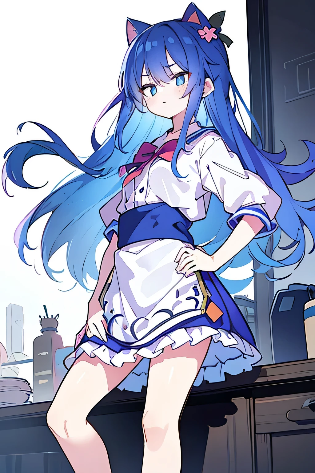 (masterpiece),best quality, expressive eyes, perfect face, 1girl,
Put your hands on your waist,fair, Gorgeous,Japanese cartoons,girl,lola,Hina Angel, blue hair, blue haired, floating clothes,Grab your waist, Grab your waist, hands on hips , hands on hips,sit, sit on ground, Legs on the ground, flat chest,cat ear,