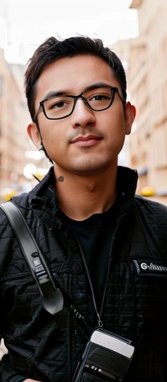 ((Masterpiece)) ((best quality)) (detailed) arafed man with camera and headphones holding a cell phone, professional picture, journalist photo, professional profile picture, with accurate face, full body pose, original picture,