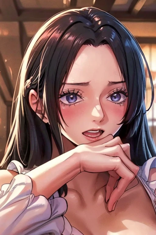 (((masterpiece))), (((best quality))), ((ultra-detailed)), (highly detailed CG illustration), Boa Hancock, (masterpiece:1.5), Detailed Photo, Sexy, (Best Quality: 1.4), (1girl), Beautiful Face, (black Hair, long Hair: 1.3), Beautiful Hairstyle, beautiful detail eyes, (realistic skin), beautiful skin, absurd, attractive, ultra high resolution, high definition, (sexually aroused:1.5), Pinkish white skin, cool white light, sexy pose, Beautiful , white background, pink soft white light, Wear a white dress, (bukkake:1.4), mature, 