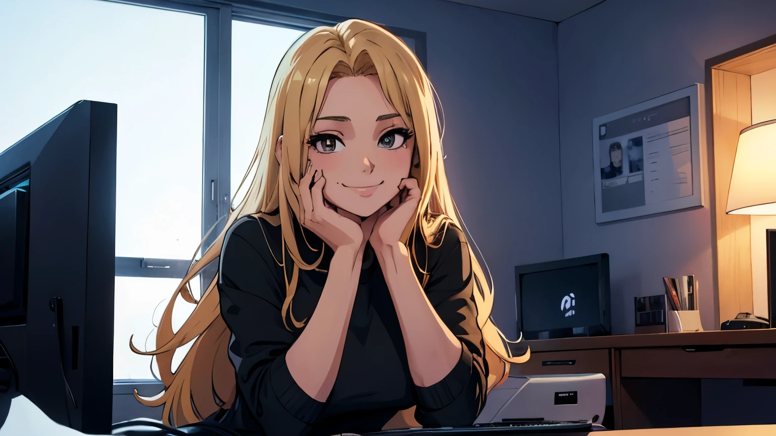 2d 90s anime, a woman with long straight blonde hair and dark brown eyes, she is smiling, wears casual clothes and is next to her gaming computer in a room with LED lighting