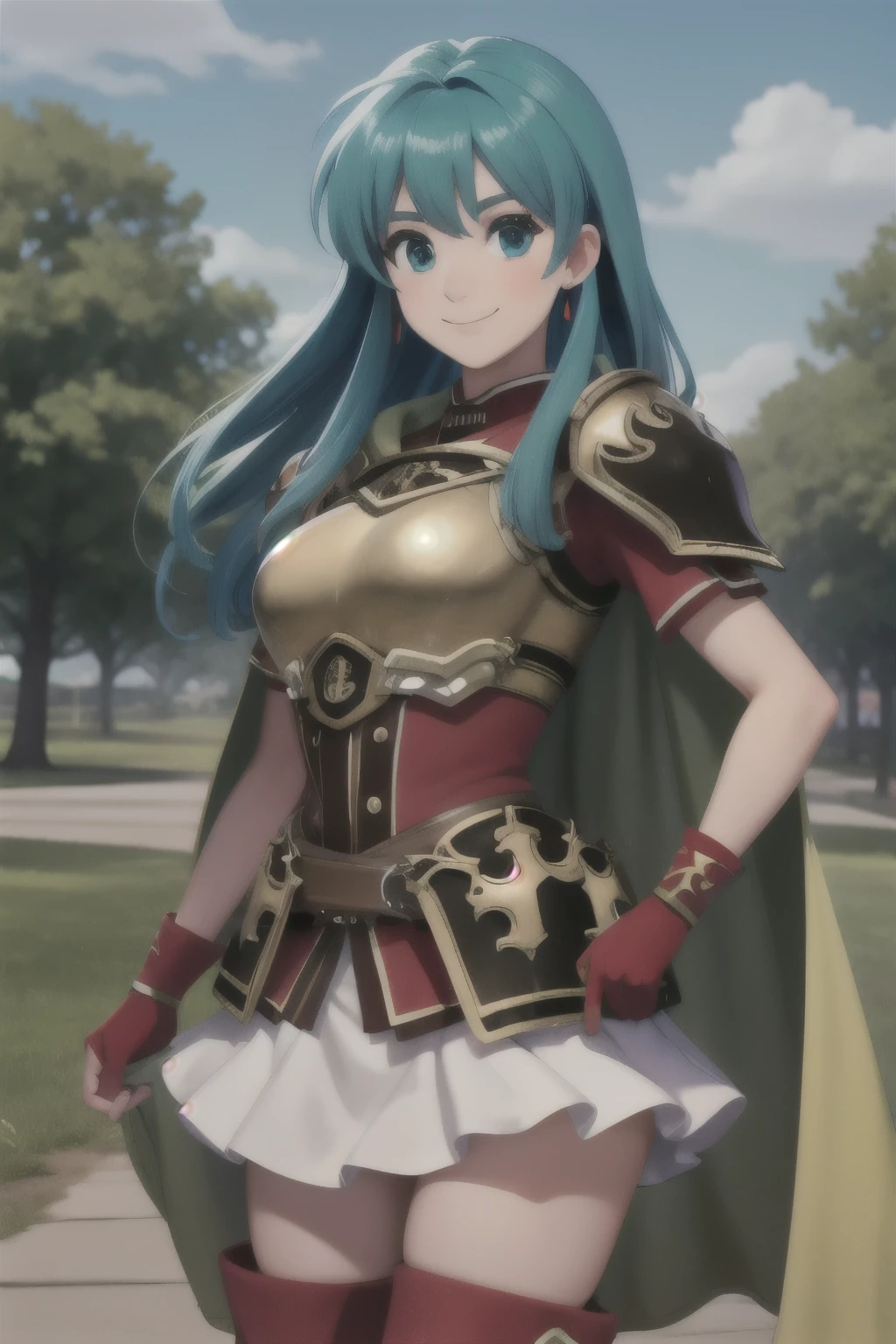 smile,def_eirika,armor,skirt,thighhighs,gloves,breastplate,green cape,zettai ryouiki,jewelry,boots,fingerless gloves,looking at viewer,earrings,white skirt,red footwear,thigh boots,sidelocks,shoulder armor,short sleeves,red gloves,red thighhighs,miniskirt,outdoors,(masterpiece, best quality, ultra-detailed, best shadow),