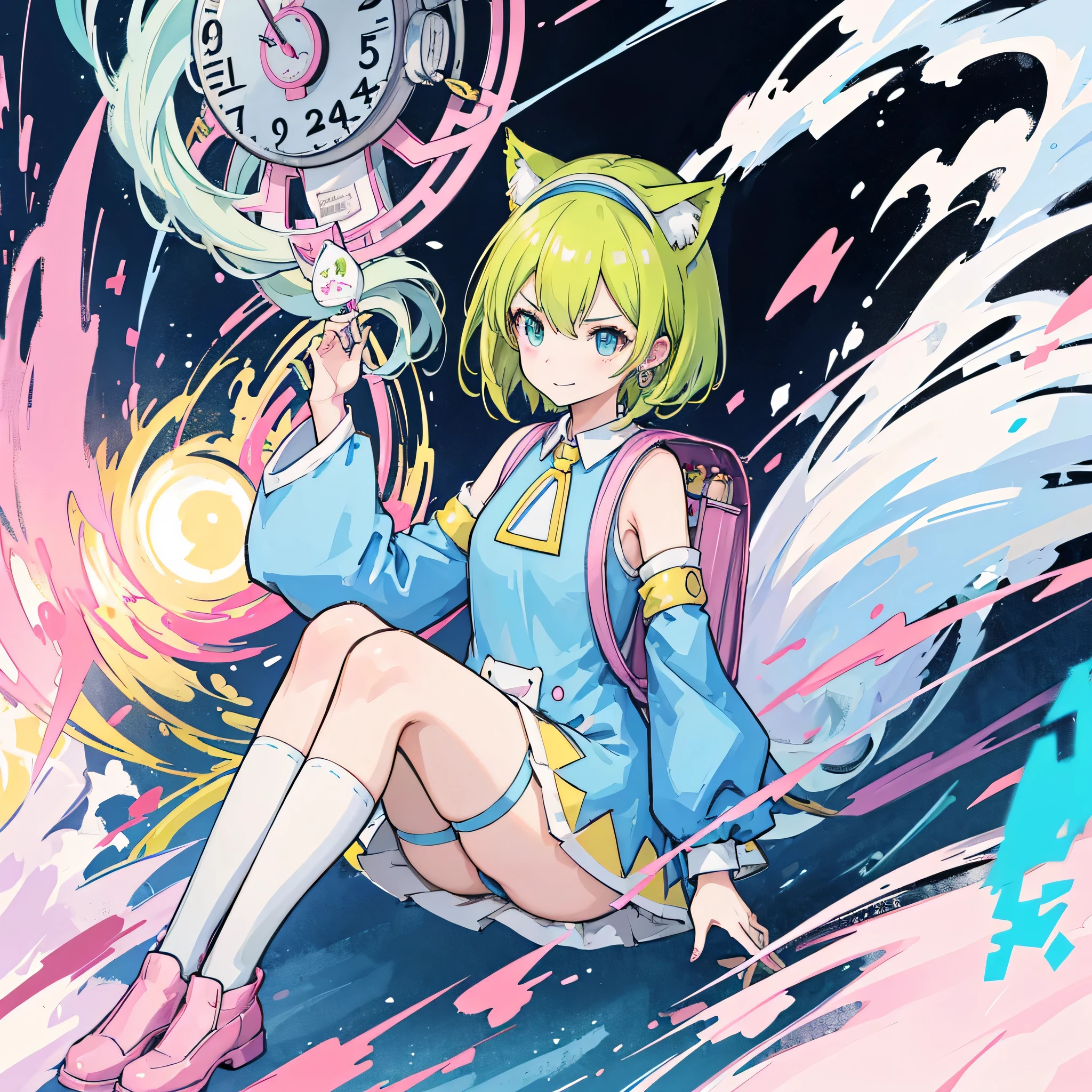 1girl, clock,Melted Clock,Deltamon,(girl sitting),Light green short bob hair、Light green cat ears headband、Exposing shoulder skin、(Mechanical legs)、light blue tail、pink school bag、light blue dress、White armsleeves、light blue high socks、pink shoes、Triangular metal emblem on chest、Large pocket in the center of the abdomen,break, ((4k,masterpiece,highest quality)), Shuimobisim, traditional chinese ink painting, lotus,  maxi kit, alone, smile, Are standing,break,dragon, madeon,(concentration line, speed lines:1.3)、our seeds,anime, fantasy, artwork, artwork, artwork, artwork, artwork, artwork, Dali&#39;s painting, Dali&#39;s painting, Memory persistence,painting, painting, painting, painting, by ヤン・J, By Ryan Yee, by Li Zai,(upper body:1.3)