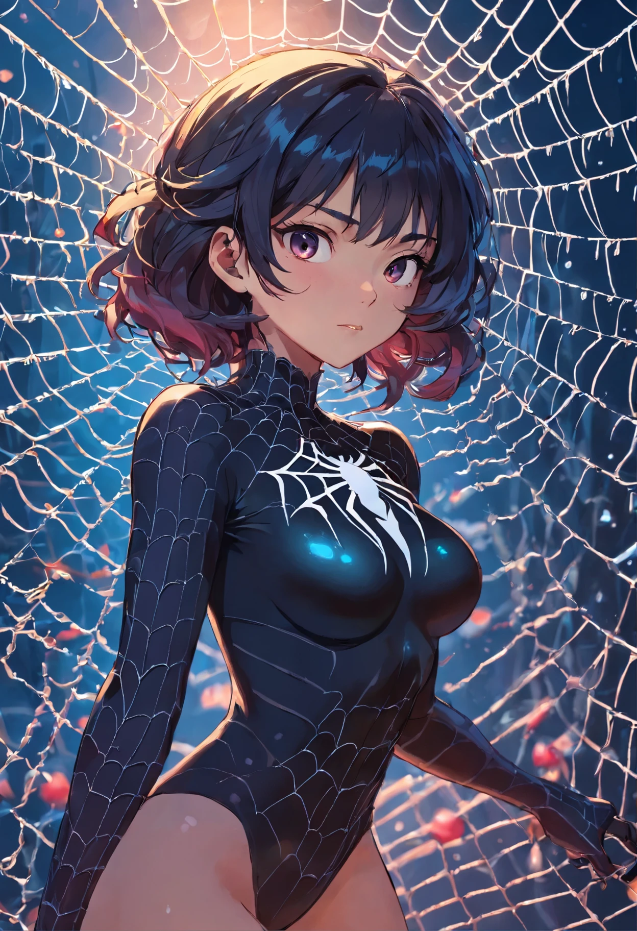 seductively beautiful spider woman on her spider web, Black drops of water hang on the nets, chaotisches Netz, Full body, an ihren Spinnennetzen liegend, kaum bekleidet, Fantasy-Thema, Nice D&D character portrait, bedrohlich, dunkle Fantasie, detailliert, Digital Art, extremes Detail, Poliert, Nice, hyperdetailliert, kompliziert, durchdacht, carefully, Anime-Charakter, detailliert, Anime-Gesicht, Scharfer Fokus, unwirklicher Motor, 3D gerendert, volumetrische Beleuchtung, Reflexionen, glittering, digitale Illustration, Full bodyaufnahme, sinnliche Pose, Suggestive Pose, Lewd, Full bodyaufnahme, Anatomisch korrek
