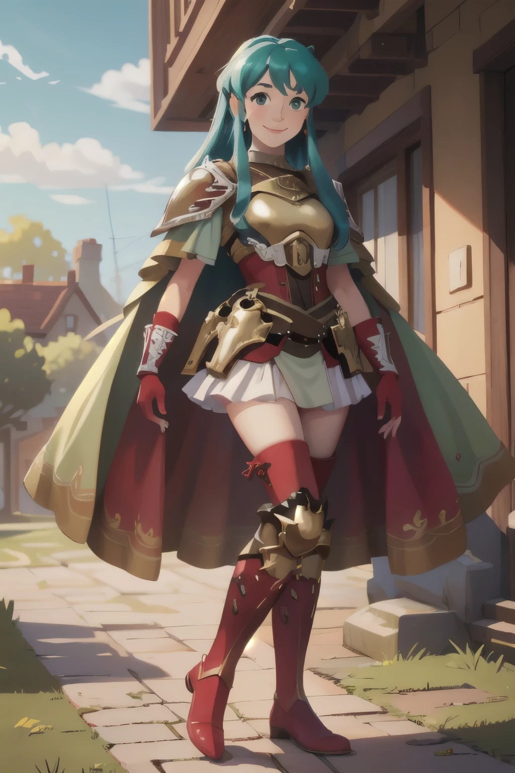 smile,def_eirika,armor,skirt,thighhighs,gloves,breastplate,green cape,zettai ryouiki,jewelry,boots,fingerless gloves,looking at viewer,earrings,white skirt,red footwear,thigh boots,sidelocks,shoulder armor,short sleeves,red gloves,red thighhighs,miniskirt,outdoors,(masterpiece, best quality, ultra-detailed, best shadow),