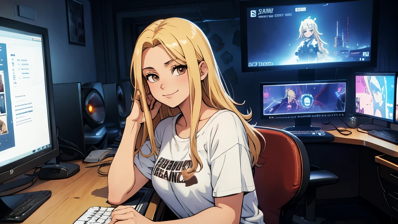 2d 90s anime, a woman with long straight blonde hair and dark brown eyes, she is smiling, wears casual clothes and is next to her gaming computer in a room with LED lighting