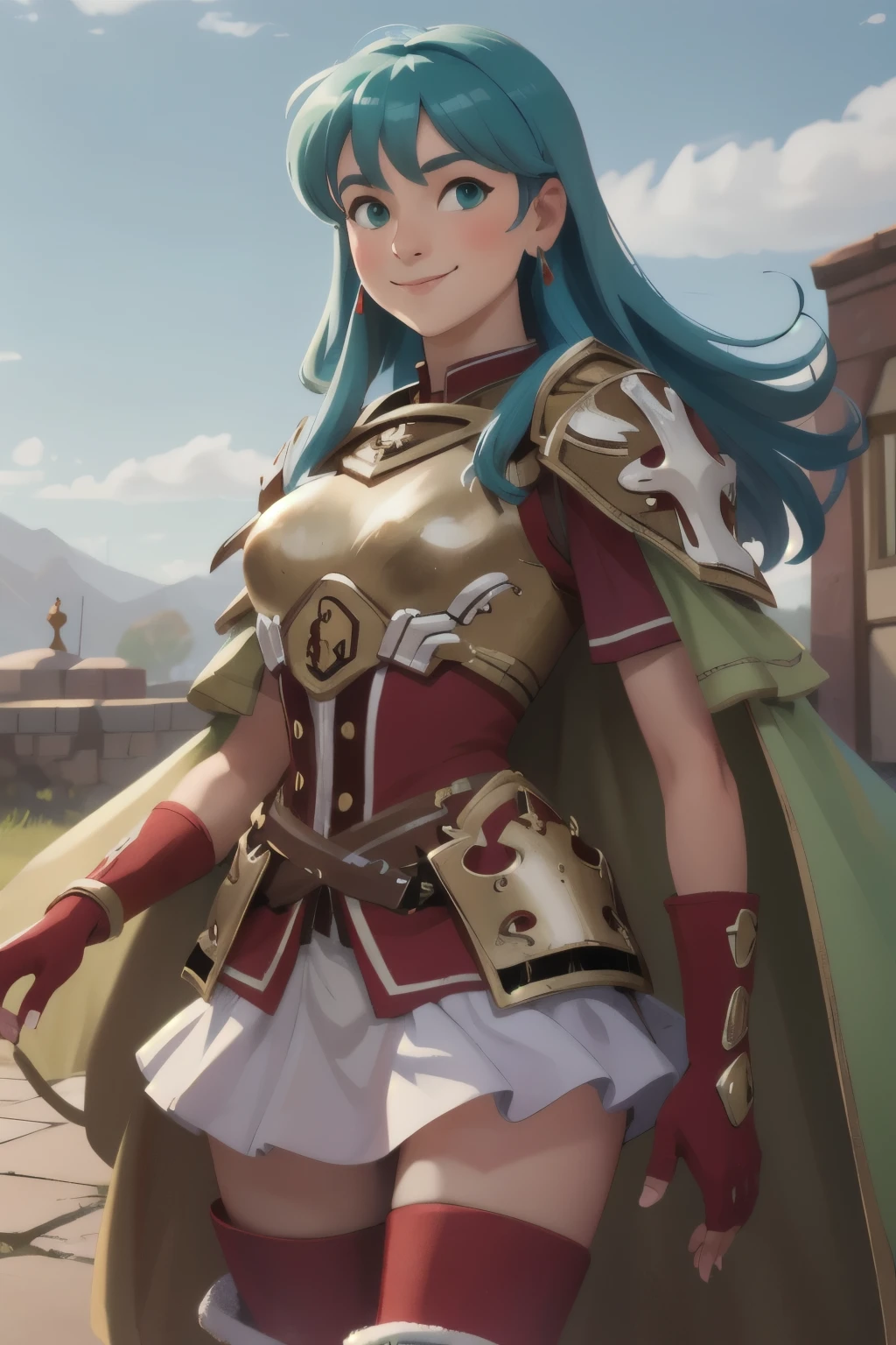 smile,def_eirika,armor,skirt,thighhighs,gloves,breastplate,green cape,zettai ryouiki,jewelry,boots,fingerless gloves,looking at viewer,earrings,white skirt,red footwear,thigh boots,sidelocks,shoulder armor,short sleeves,red gloves,red thighhighs,miniskirt,outdoors,(masterpiece, best quality, ultra-detailed, best shadow),