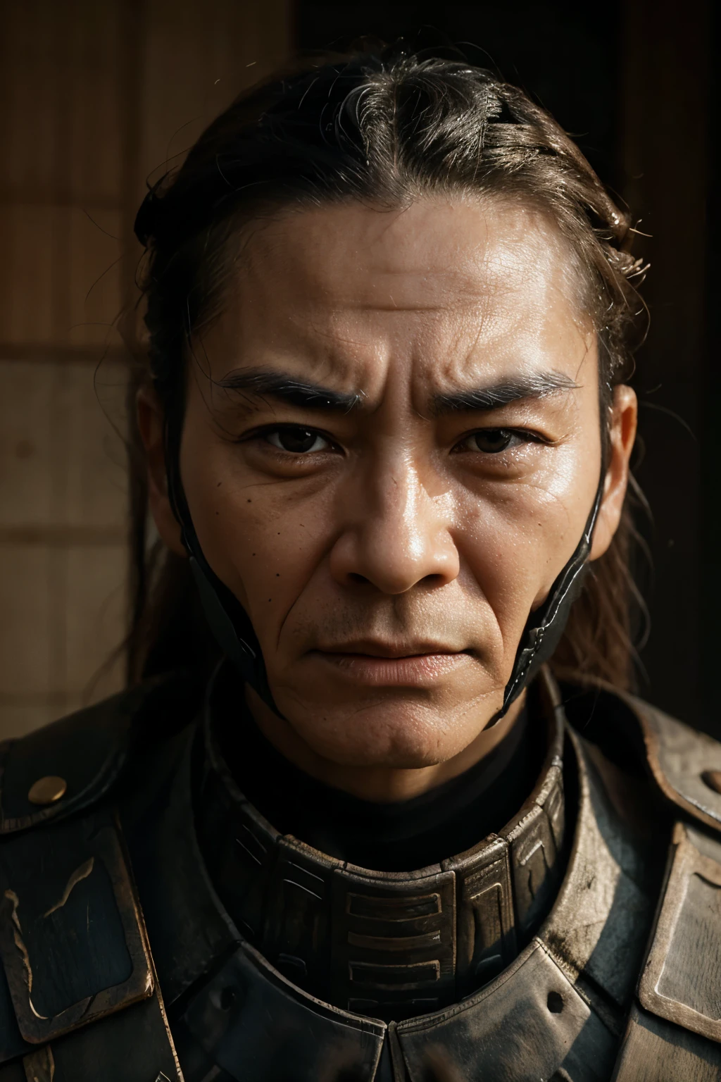 Realistic ultra HD close-up portrait,A samurai wearing a war mask, Wrinkles ,Facial expressions show strong emotions