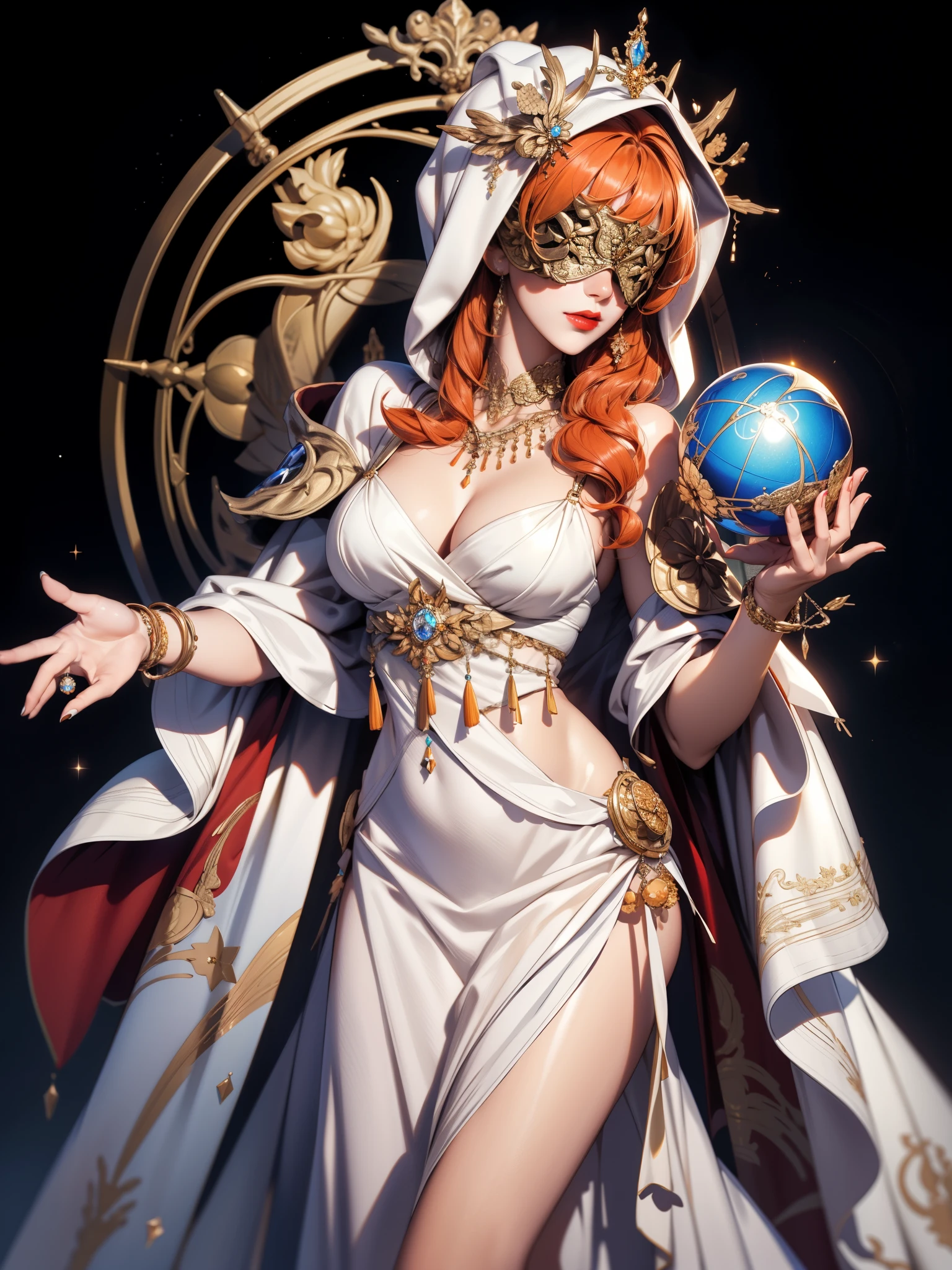 realistic:1.4, hood up, orange hair, long hair, covered eyes, hair over shoulder, robe, blind mask:1.2, danceroutfit, white clothes, crystal ball, sphere, cape, lipstick, cleavage, 1girl, solo, (masterpiece:1.6, best quality),