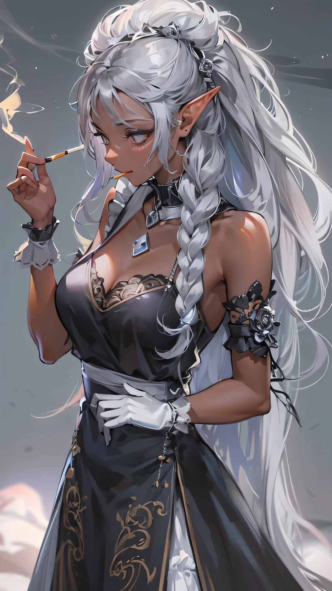 perfect anatomy, masterpiece:1.3, best quality, 8k, beautiful detailed grow, daydreaming expression, break, ((Smoking a cigarette, cigarette in mouth)) ((Cornrow Hair Short Dreadlocks)) (black skin elf, silver  hair long hair detailed maid elf woman, 1000 yo, cute silver eyes, lovely smile), break, ((in a Gothic maid uniform)), break, in the enchanted garden.