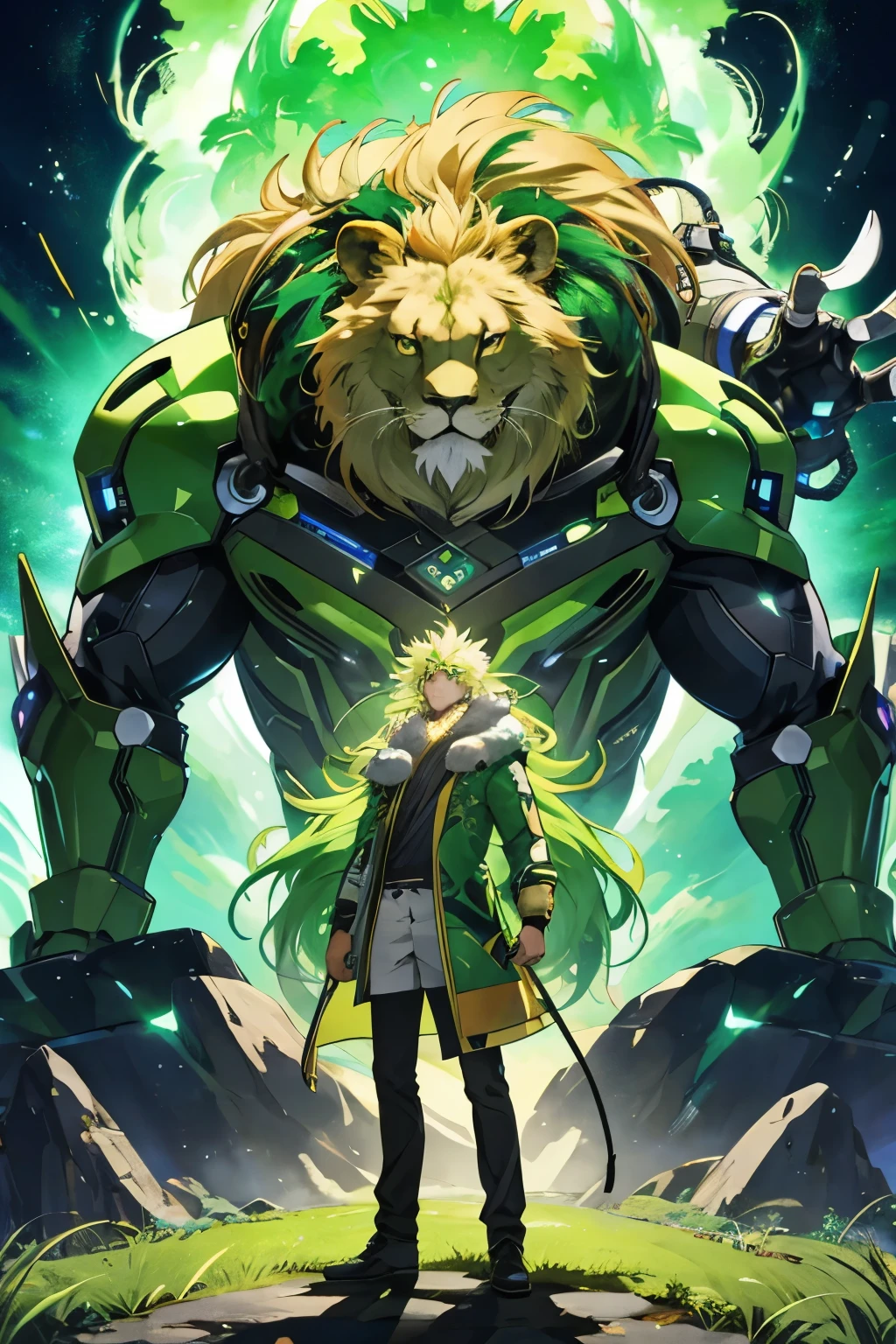 (ultra-detailed, stylish, vibrant), a green anime lion,
a blockchain guardian in the form of a lion,
the lion's mane made up of intricately designed digital codes,
sharp, glowing eyes emitting a soft, green glow,
the lion's body boasting detailed textures and shading,
sleek and modern, standing tall and proud,
BREAK, in the context of a cyberworld or metaverse,
the green anime lion serves as a protector of digital assets,
a masterpiece of anime art, ethereal and otherworldly,
high resolution, every detail emphasized and clear,
realistic