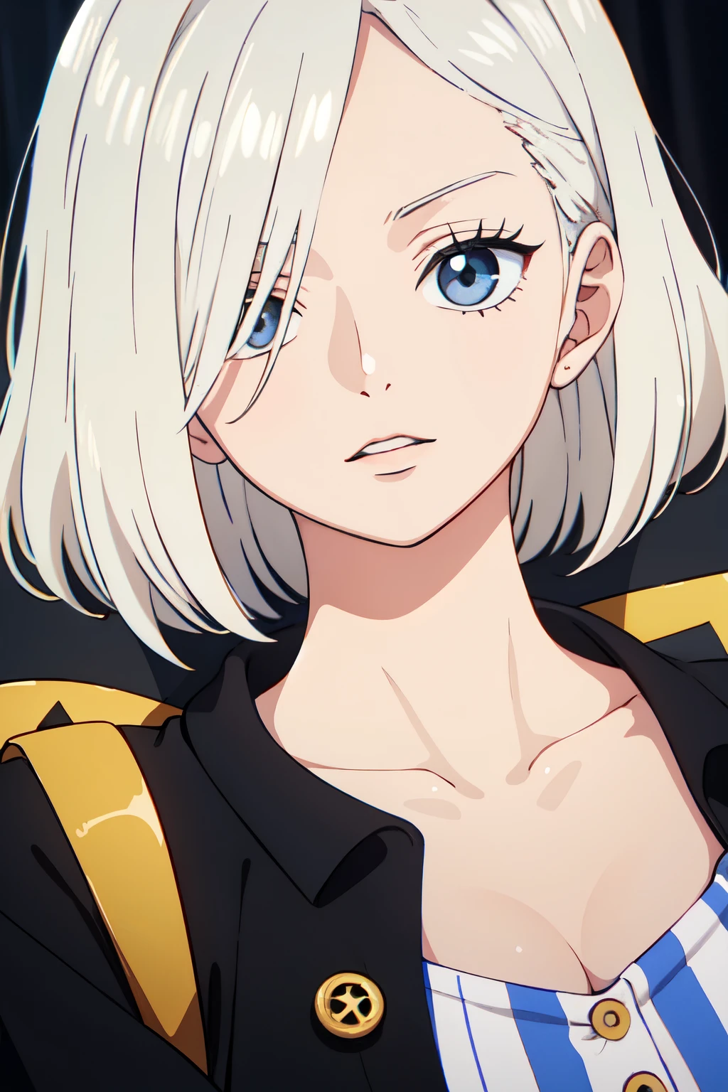 ((best quality)), ((masterpiece)), (detailed), perfect face, One Piece style, beautiful woman with white skin, short blonde hair, long bangs over her right eye, blue-gray eyes, blue button-down t-shirt with thin black stripes, black jacket with gold buttons.