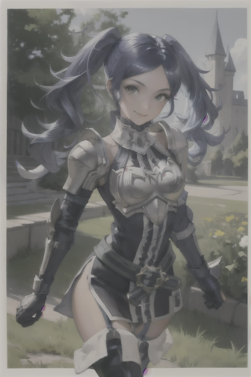 cynthia, twintails, thighhighs, armor, short dress, boots, thigh boots, dress, elbow gloves, zettai ryouiki, breastplate, shoulder armor, belt, garter straps, blue hair
masterpiece, best quality, absurdres, castle garden, smile, looking at viewer, upper body, henshin pose