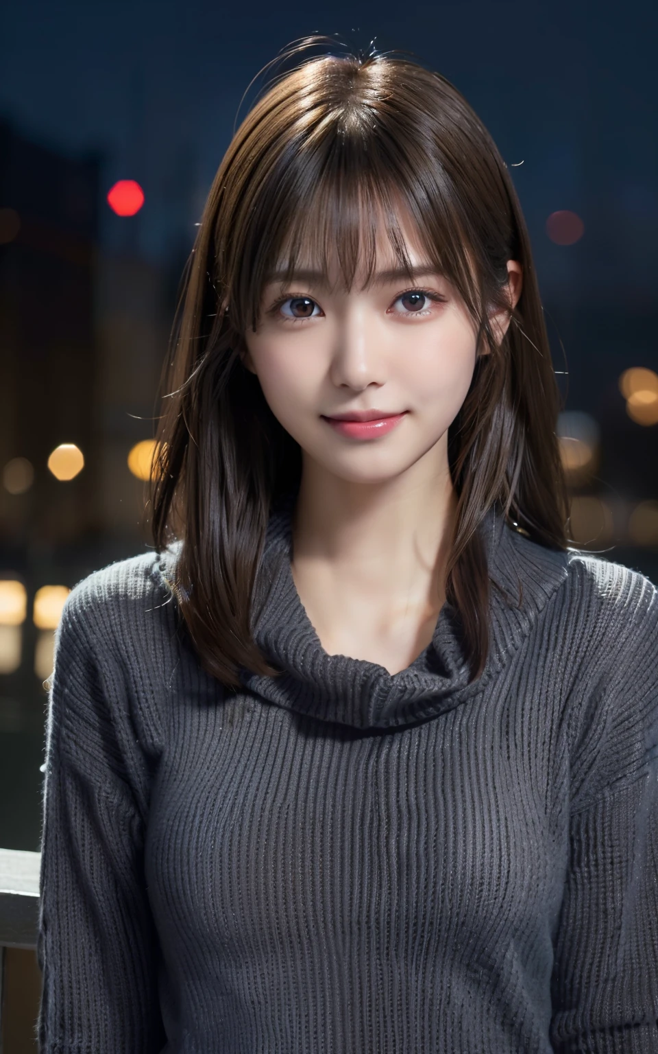 1 Japanese girl,(dark gray sweater:1.4),(wears a large muffler around his neck:1.2), (Raw photo, highest quality), (realistic, Photoreal:1.4), table top, very delicate and beautiful, very detailed, 8k wallpaper, wonderful, finely, very detailedCGユニティ, High resolution, soft light, Beautiful detailed 19 year old girl, very detailed目と顔, beautifully detailed nose, beautiful and detailed eyes,cinematic lighting,night city lights,perfect anatomy,slender body,smile (hair is dirty, asymmetrical bangs, light brown hair,)