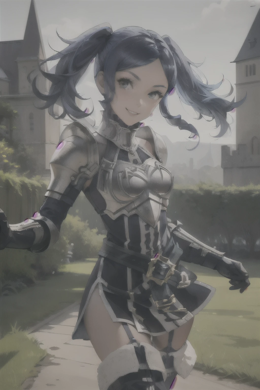 cynthia, twintails, thighhighs, armor, short dress, boots, thigh boots, dress, elbow gloves, zettai ryouiki, breastplate, shoulder armor, belt, garter straps, blue hair
masterpiece, best quality, absurdres, castle garden, smile, looking at viewer, upper body, dramatic pose