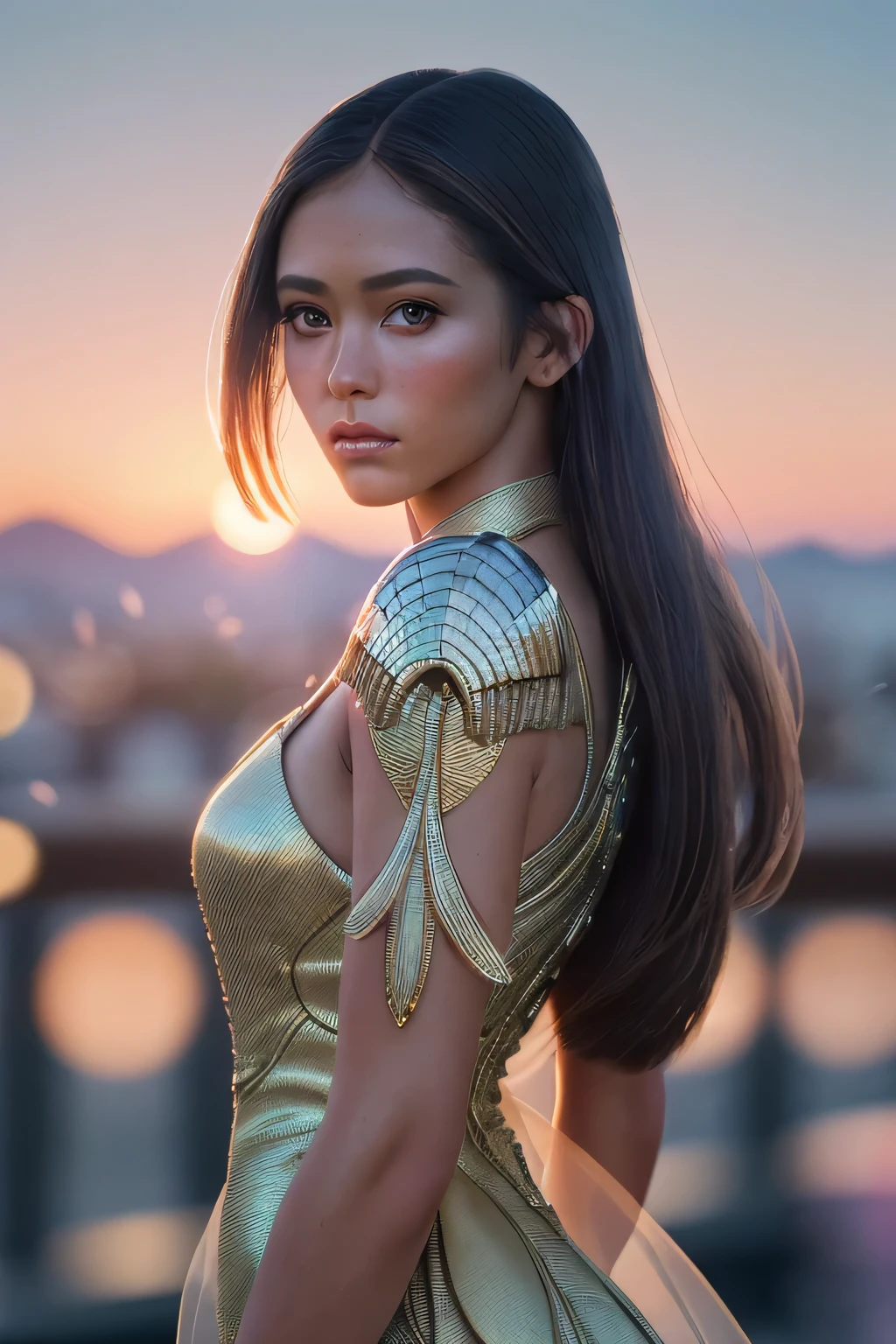 (masterpiece), (very complicated:1.3), (realistic), girl portrait, the most beautiful in the world, hummingbird-like wings, scale powder reflection, fashion model posing, middle long shot, outdoor, intense sunlight, distant shore, Stunning female professional photo details, sharp focus, dramatic, Award history, cinematic lighting, Octane Rendering Unreal Engine, volumetrics dtx, (film grain, blurred background, blurred foreground, Bokeh, Depth of the bounds written, sunset, motion blur:1.3), thin clothing