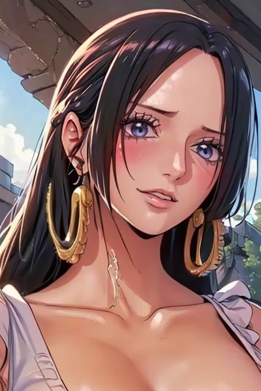 (((masterpiece))), (((best quality))), ((ultra-detailed)), (highly detailed CG illustration), Boa Hancock, (nsfw:1.4), (masterpiece:1.5), Detailed Photo, Sexy, (Best Quality: 1.4), (1girl), Beautiful Face, (Black Hair, long Hair: 1.3), Beautiful Hairstyle, beautiful detail eyes, (realistic skin), beautiful skin, absurd, attractive, ultra high resolution, high definition, (sexually aroused:1.5), Pinkish white skin, cool white light, sexy pose, Beautiful , white background, pink soft white light, Wear a white tank top, (bukkake:1.8), (milf:1.5)