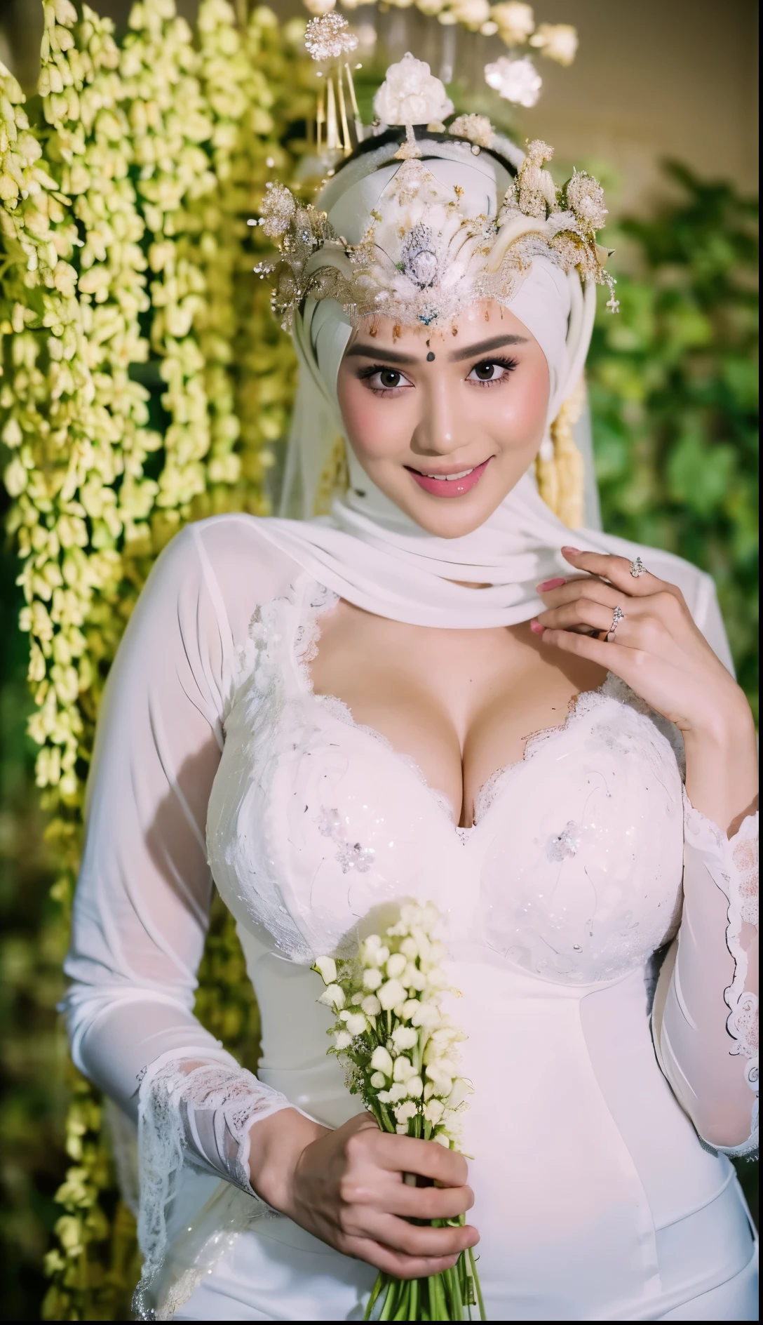 (masterpiece), ((best high quality:1.0), (ultra highres:1.0), detailed illustration, 8k, ((highest detailed)), ((ultra realistic)), soft lighting, ((realistic face, realistic skin)), ((super high resolution)), extreme detailed, ((HD picture)), ((indonesian old mother with hijab)), ((gigantic breasts:1.5)), forward chest, busty body, tall, ((perfect beautiful face, thick lips, blush, Perfect round eyes, thin smile)), ((sexy panganten sunda)), full body, ((wedding hall background))