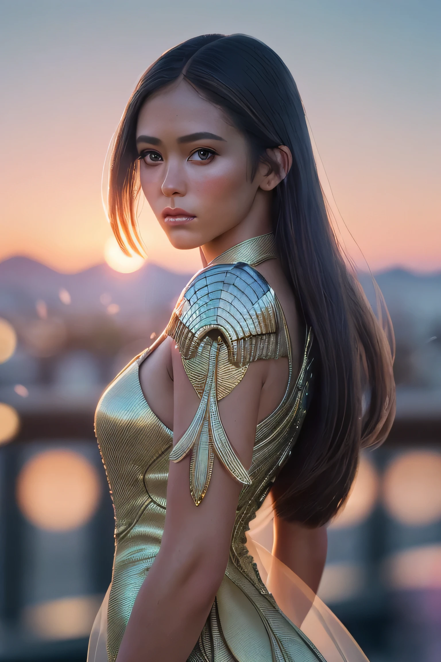 (masterpiece), (very complicated:1.3), (realistic), girl portrait, the most beautiful in the world, hummingbird-like wings, scale powder reflection, fashion model posing, middle long shot, outdoor, intense sunlight, distant shore, Stunning female professional photo details, sharp focus, dramatic, Award history, cinematic lighting, Octane Rendering Unreal Engine, volumetrics dtx, (film grain, blurred background, blurred foreground, Bokeh, Depth of the bounds written, sunset, motion blur:1.3), thin clothing